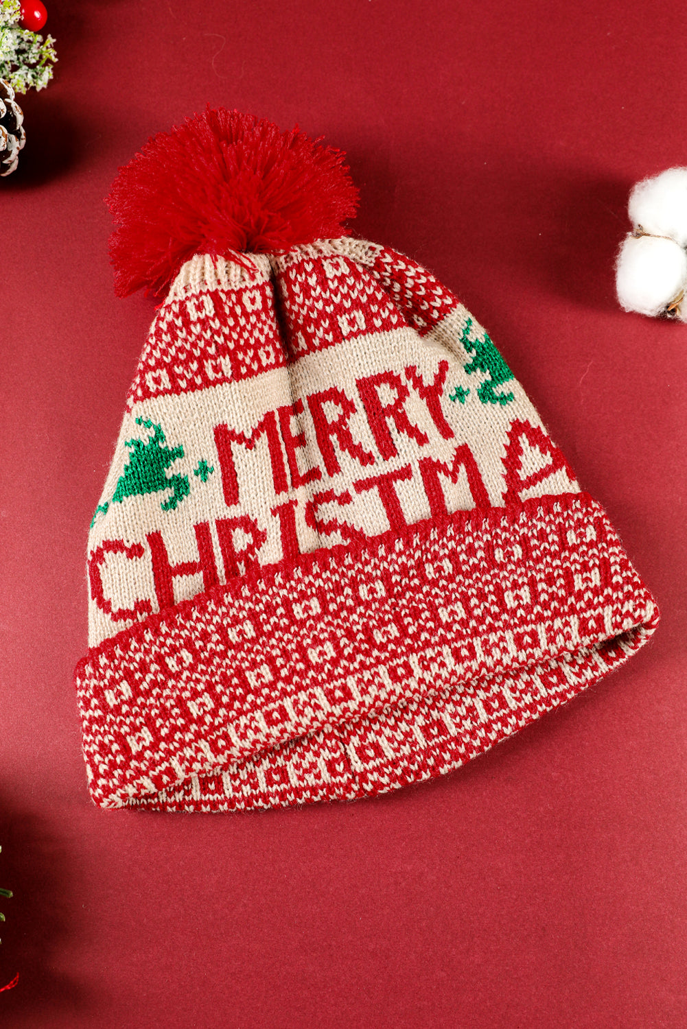 Fiery Red Merry Christmas Winter Pom Beanie Hat-BEANIES-[Adult]-[Female]-2022 Online Blue Zone Planet