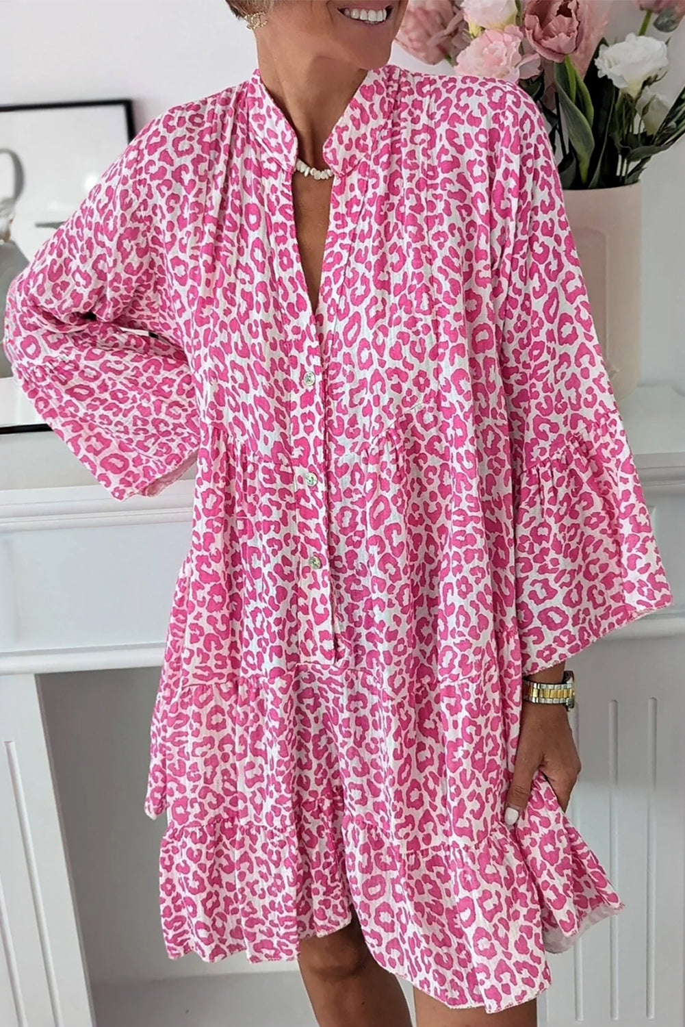 pink leopard print mini dress Bright Pink Leopard Printed Long Sleeve Buttoned Front Mini Dress
