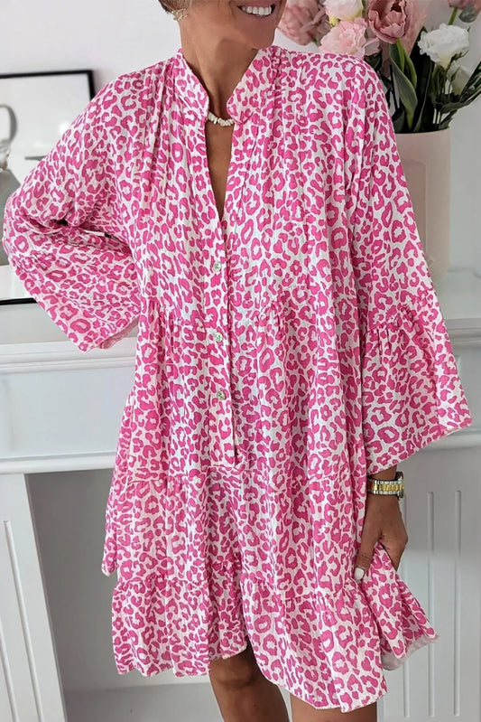 Bright Pink Leopard Printed Long Sleeve Buttoned Front Mini Dress-Dresses/Mini Dresses-[Adult]-[Female]-Bright Pink-S-2022 Online Blue Zone Planet