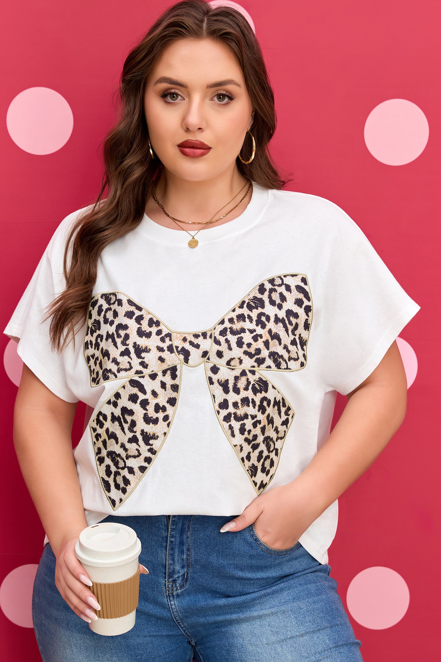 White Plus Size Leopard Bow Embroidered Patch Casual T Shirt-Plus Size/Plus Size Tops/Plus Size Tops & Tees-[Adult]-[Female]-2022 Online Blue Zone Planet