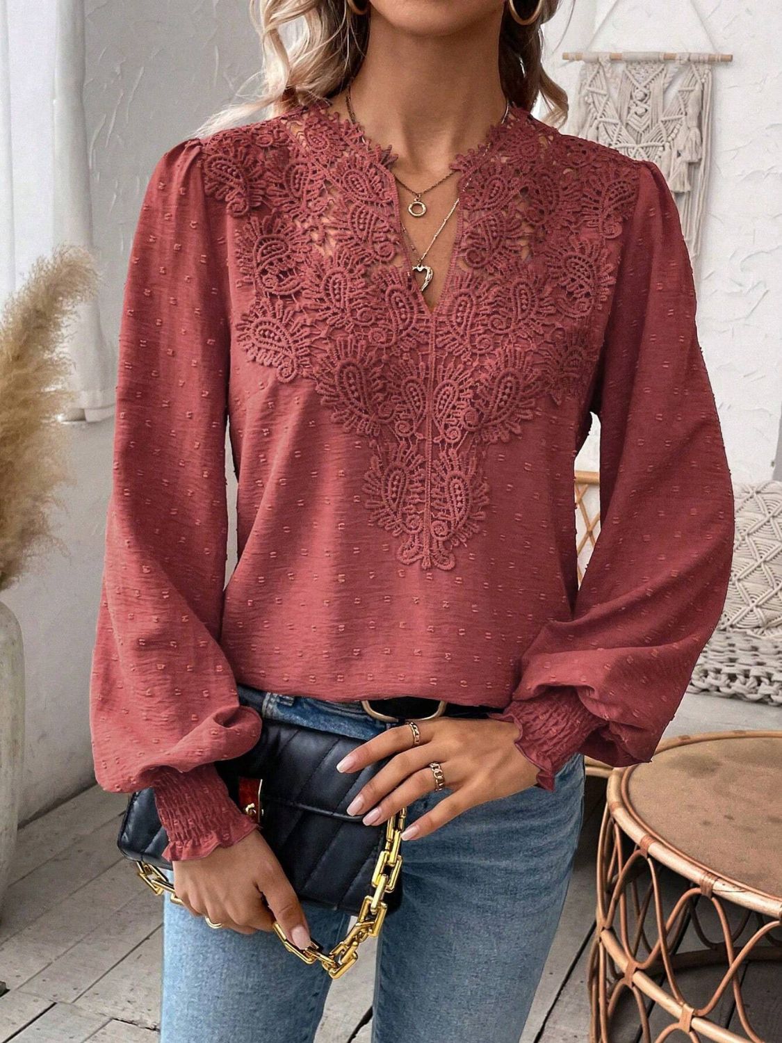 Swiss Dot Lace Detail Notched Long Sleeve Blouse-TOPS / DRESSES-[Adult]-[Female]-Rust-S-2022 Online Blue Zone Planet