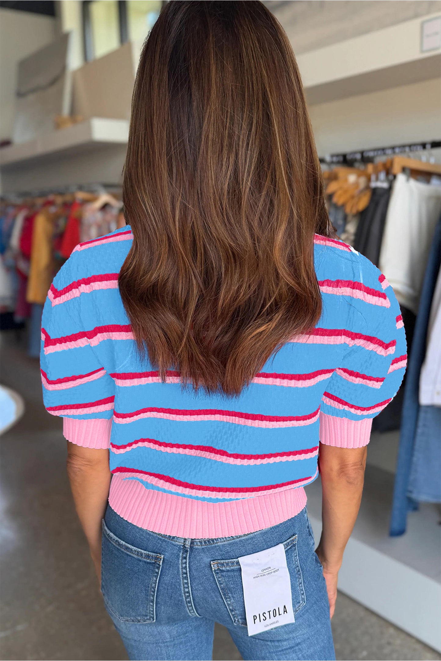 Green Stripe Colorblock Trim Half Sleeve Sweater Top-TOPS / DRESSES-[Adult]-[Female]-2022 Online Blue Zone Planet
