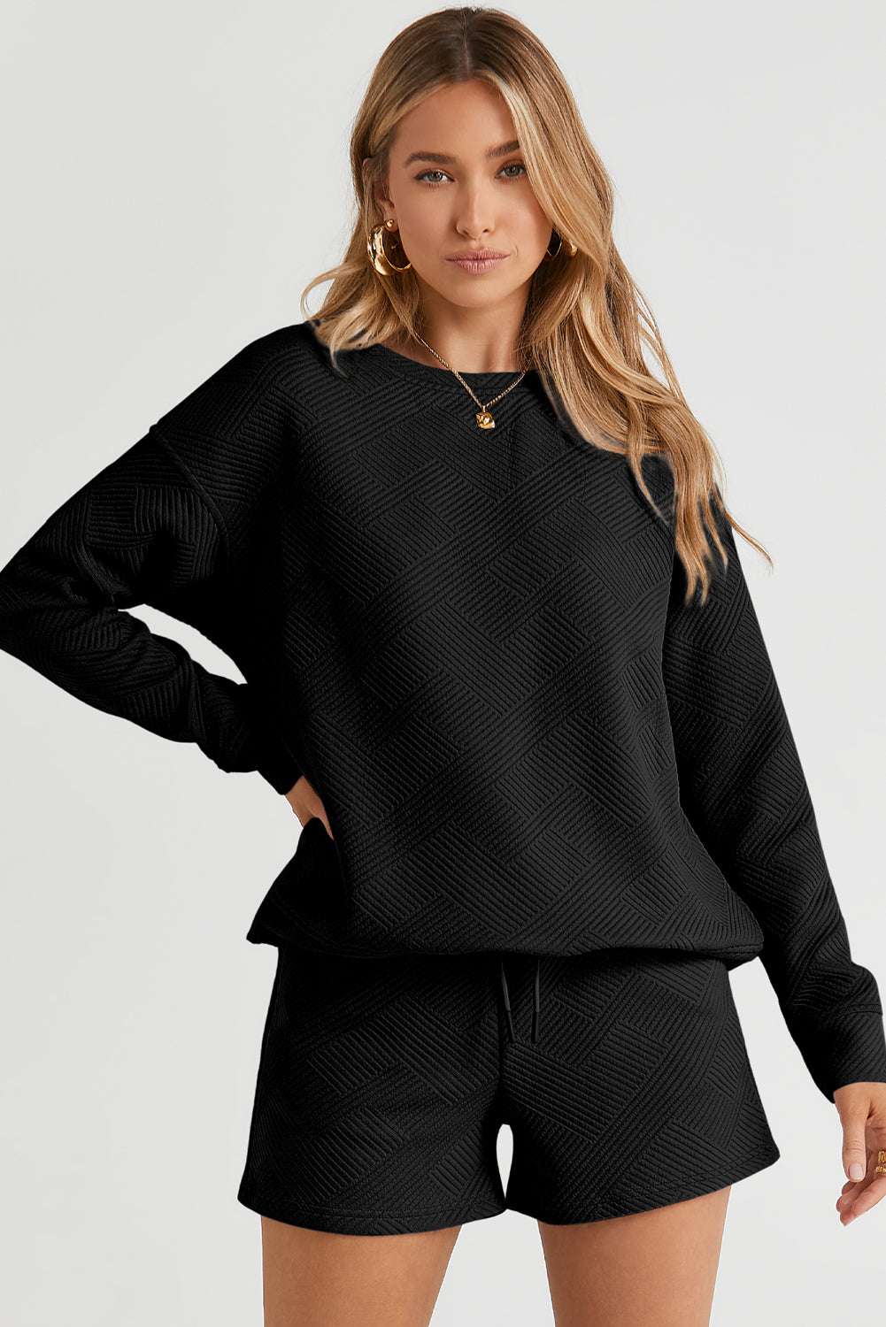 Green Textured Long Sleeve Top and Drawstring Shorts Set-Two Piece Sets/Short Sets-[Adult]-[Female]-2022 Online Blue Zone Planet