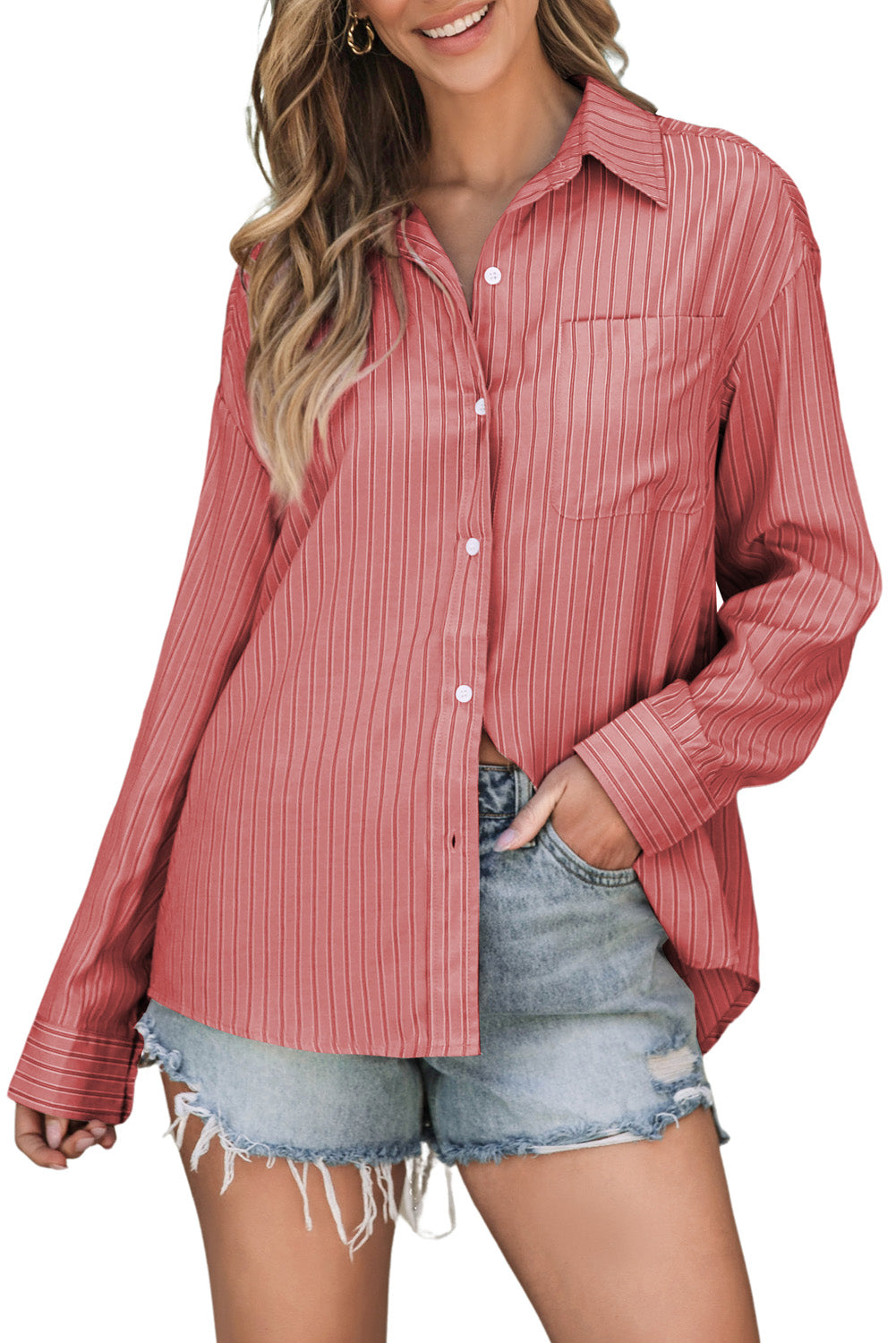 Striped Button Up Long Sleeve Shirt-TOPS / DRESSES-[Adult]-[Female]-Burnt Coral-S-2022 Online Blue Zone Planet