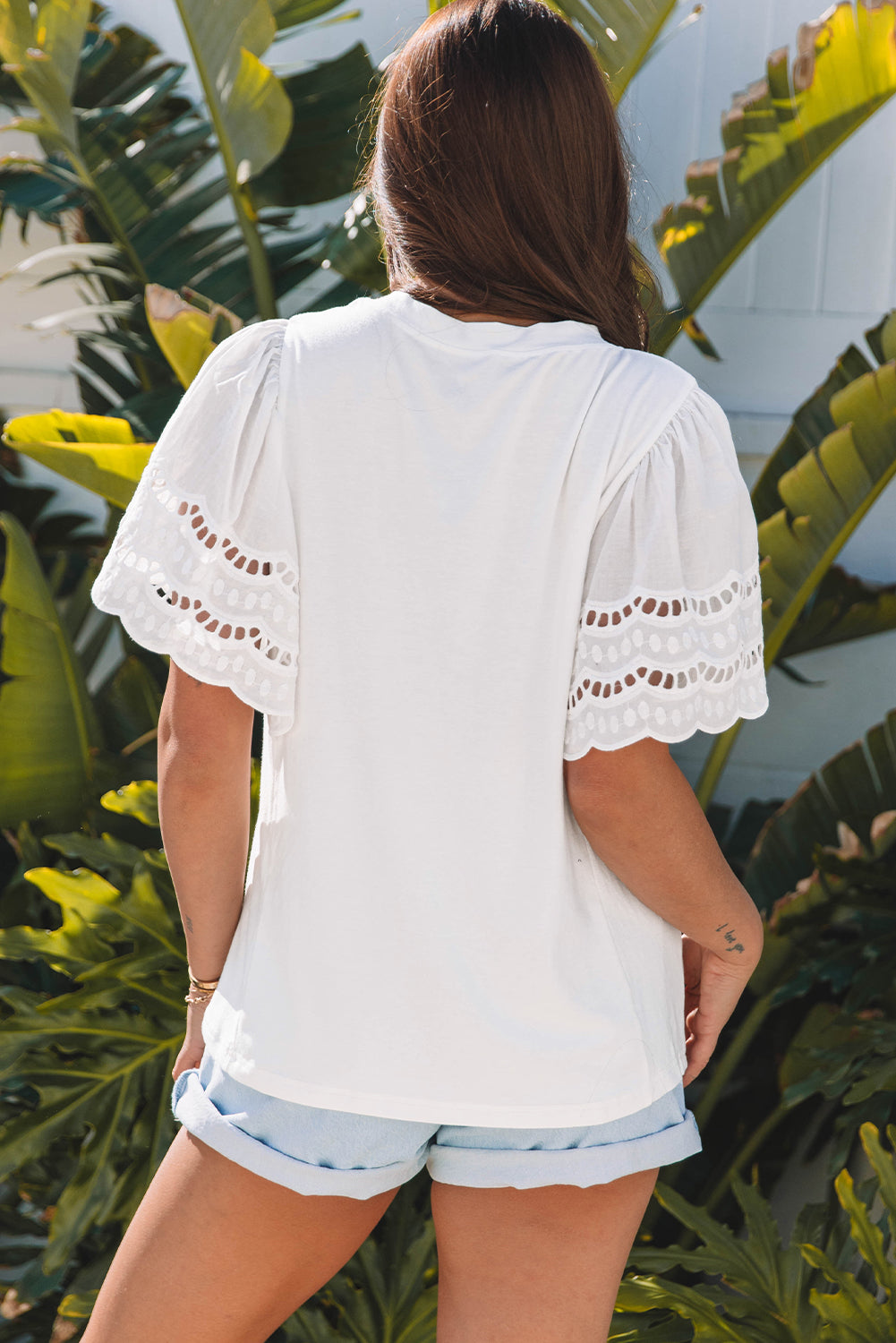 White Hollow Out Embroidered Short Sleeve O Neck Top-Tops/Tops & Tees-[Adult]-[Female]-2022 Online Blue Zone Planet