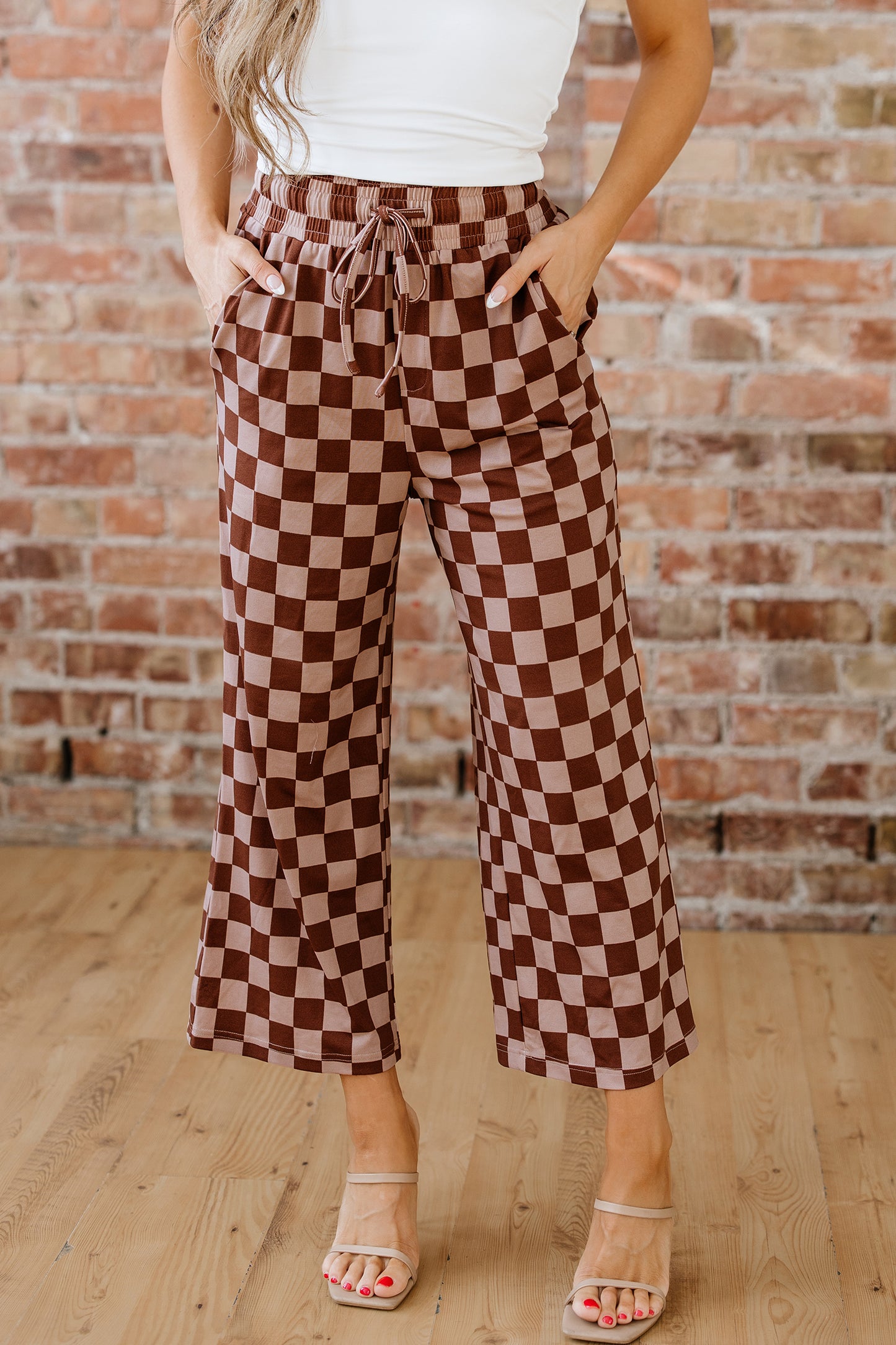 Khaki Checkered Elastic High Waist Loose Casual Pants-Bottoms/Pants & Culotte-[Adult]-[Female]-2022 Online Blue Zone Planet
