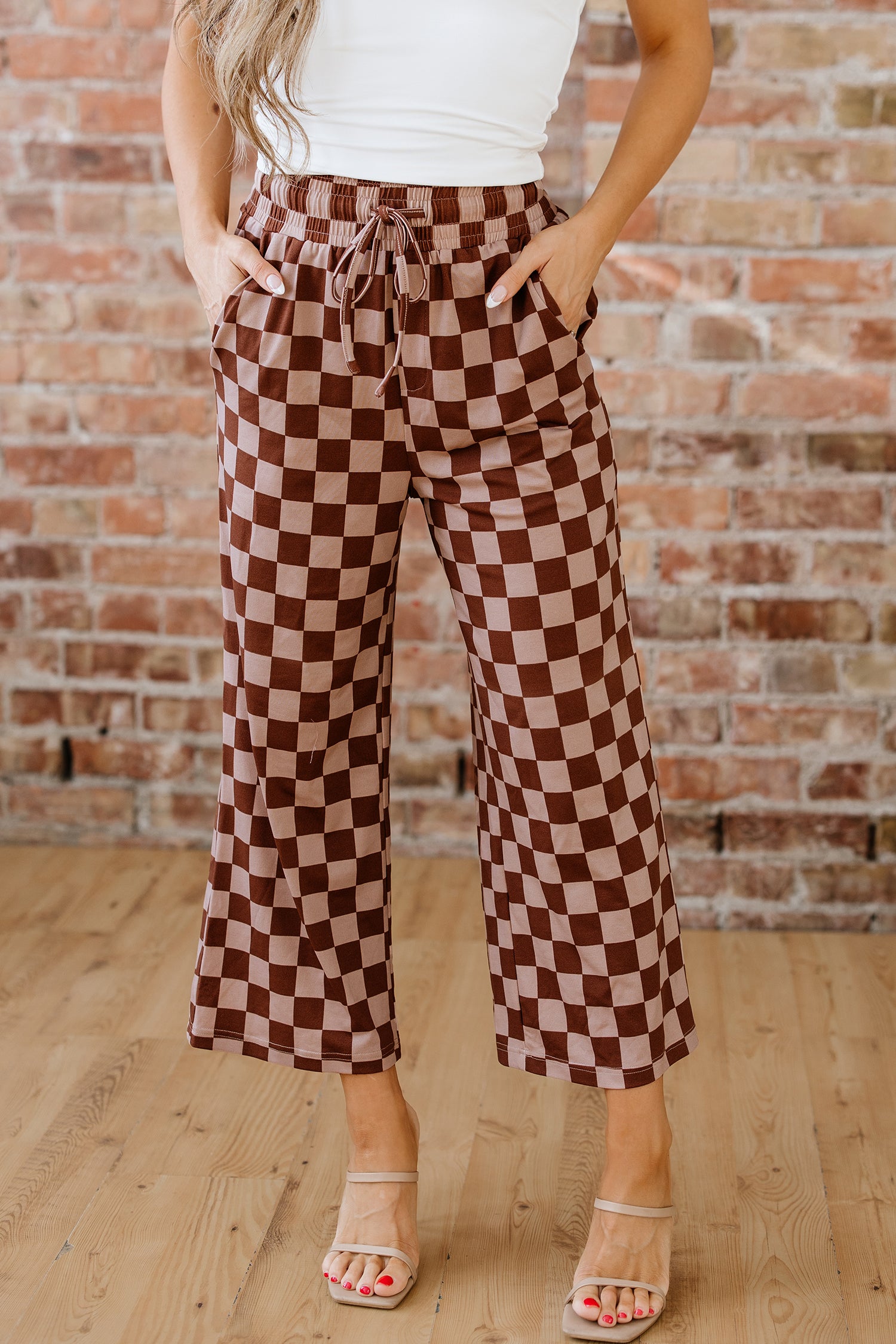 Khaki Checkered Elastic High Waist Loose Casual Pants-Bottoms/Pants & Culotte-[Adult]-[Female]-2022 Online Blue Zone Planet