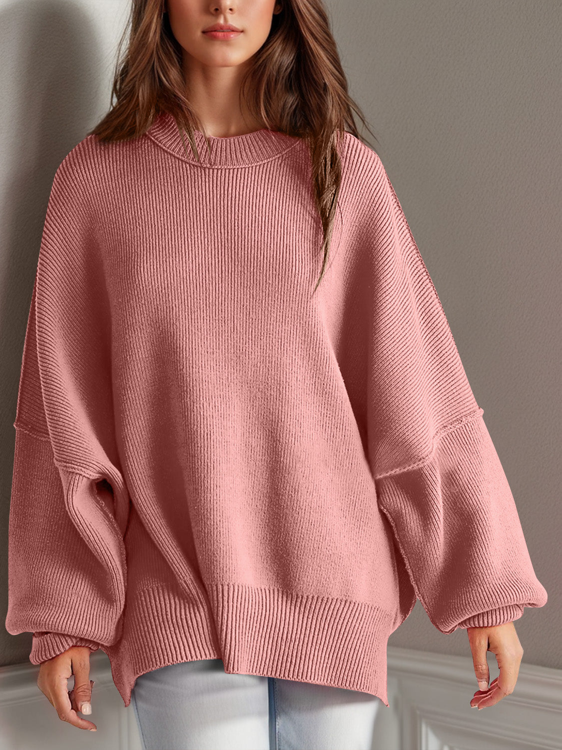 Blue Zone Planet | Double Take Side Slit Round Neck Long Sleeve Sweater-TOPS / DRESSES-[Adult]-[Female]-Dusty Pink-S-2022 Online Blue Zone Planet