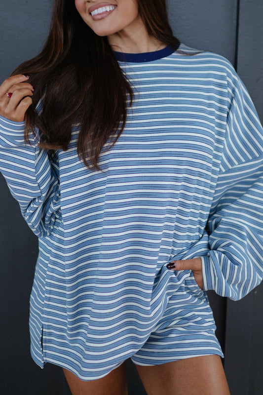 Sky Blue Stripe Long Sleeve Oversized Top Pocketed Casual Shorts Two Piece Set-Two Piece Sets/Short Sets-[Adult]-[Female]-Sky Blue Stripe-S-2022 Online Blue Zone Planet