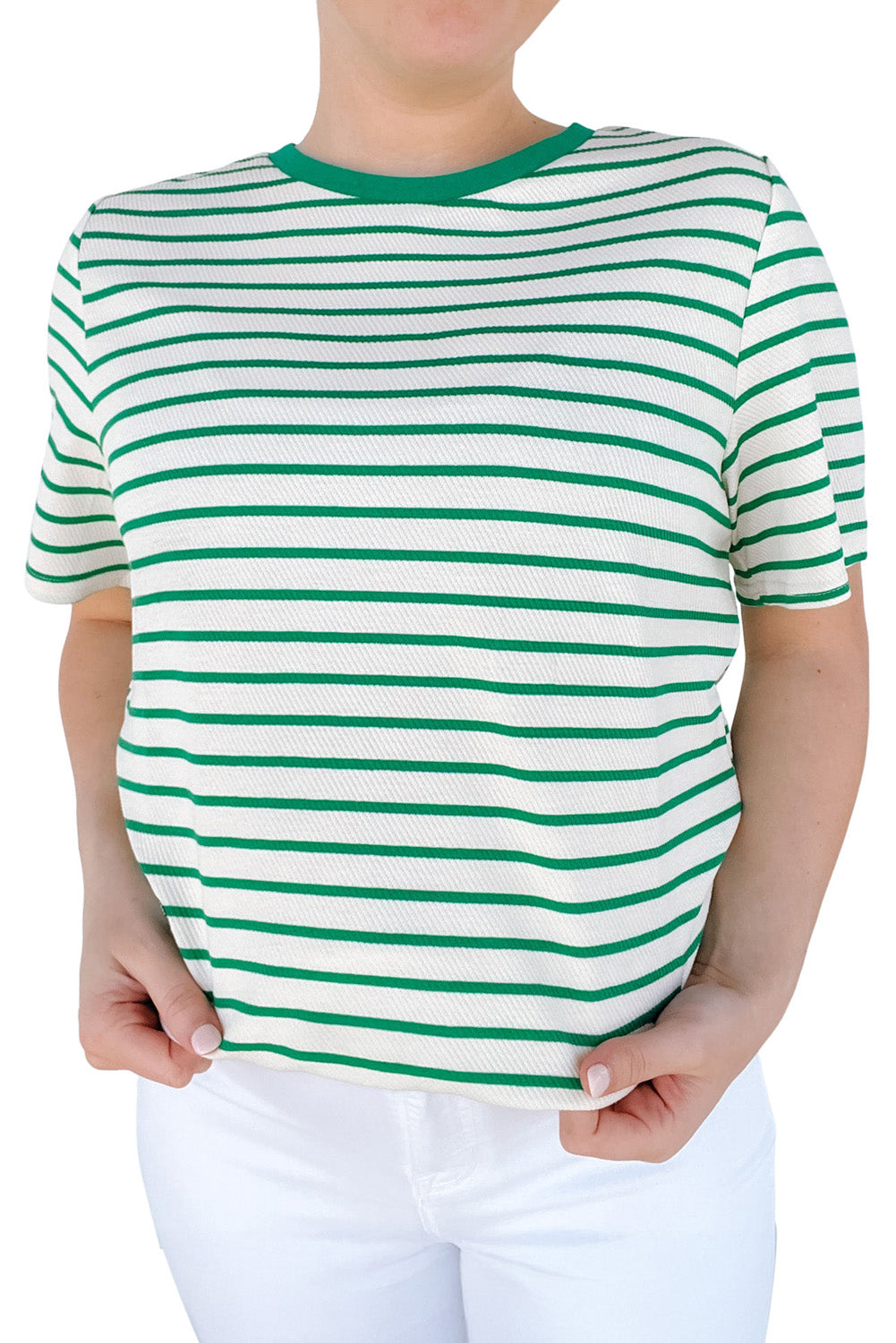 Green Stripe Plus Size St Patricks Day Round Neck T Shirt-Plus Size/Plus Size Tops/Plus Size Tops & Tees-[Adult]-[Female]-2022 Online Blue Zone Planet