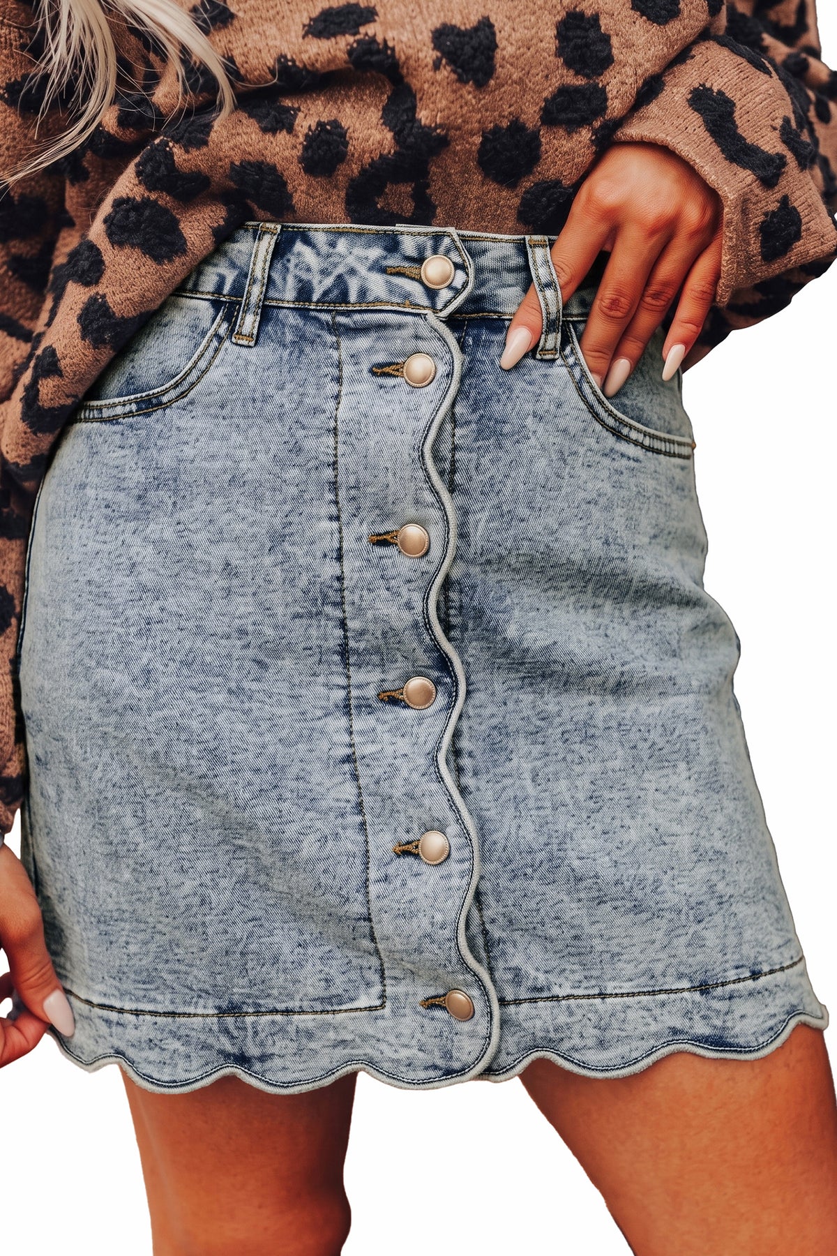 Myosotis Scalloped Detail Button Front Short Denim Skirt-TOPS / DRESSES-[Adult]-[Female]-2022 Online Blue Zone Planet
