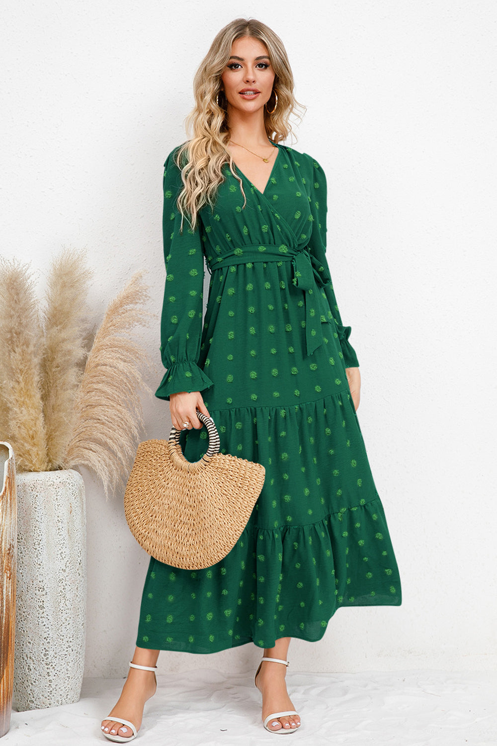 Swiss Dot Tied Surplice Flounce Sleeve Dress-TOPS / DRESSES-[Adult]-[Female]-Dark Green-S-2022 Online Blue Zone Planet