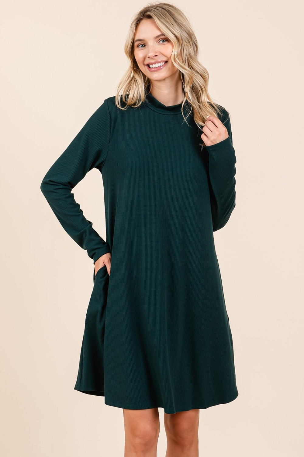 Mittoshop Mock Neck Long Sleeve Dress with Pockets-TOPS / DRESSES-[Adult]-[Female]-Hunter Green-S-2022 Online Blue Zone Planet