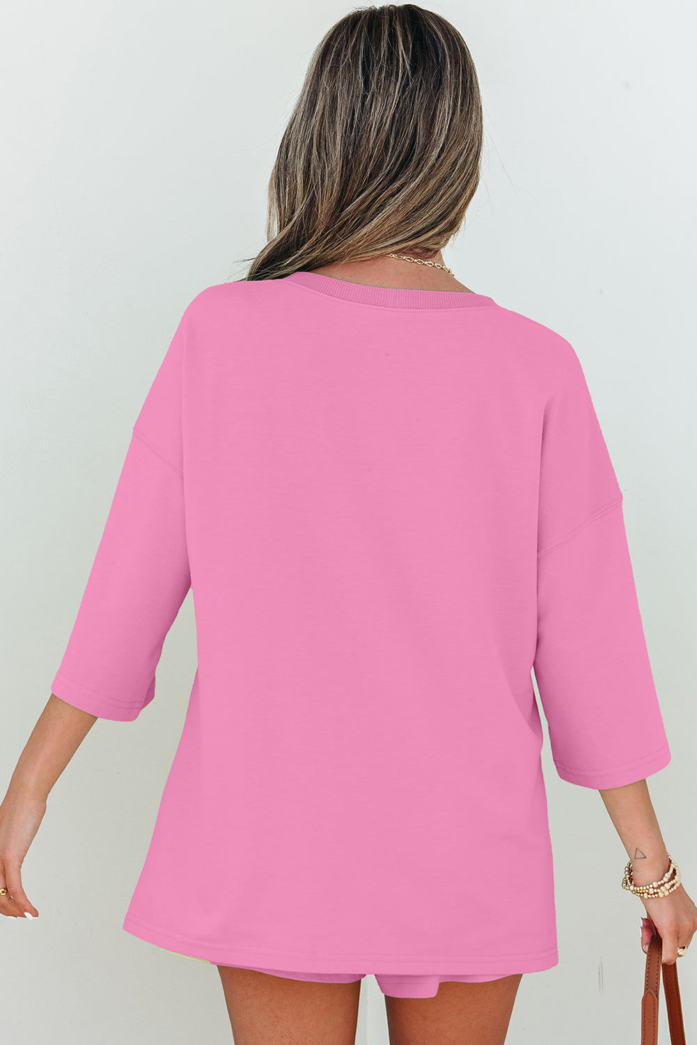 Bonbon Solid Loose V Neck Half Sleeve Tee and Shorts-Two Piece Sets/Short Sets-[Adult]-[Female]-2022 Online Blue Zone Planet