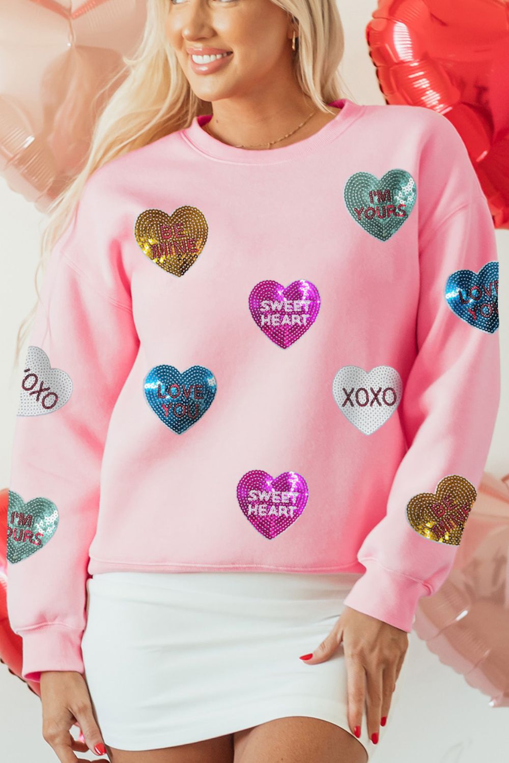 Valentine’s Day Sequin Heart Round Neck Long Sleeve Sweatshirt-TOPS / DRESSES-[Adult]-[Female]-2022 Online Blue Zone Planet