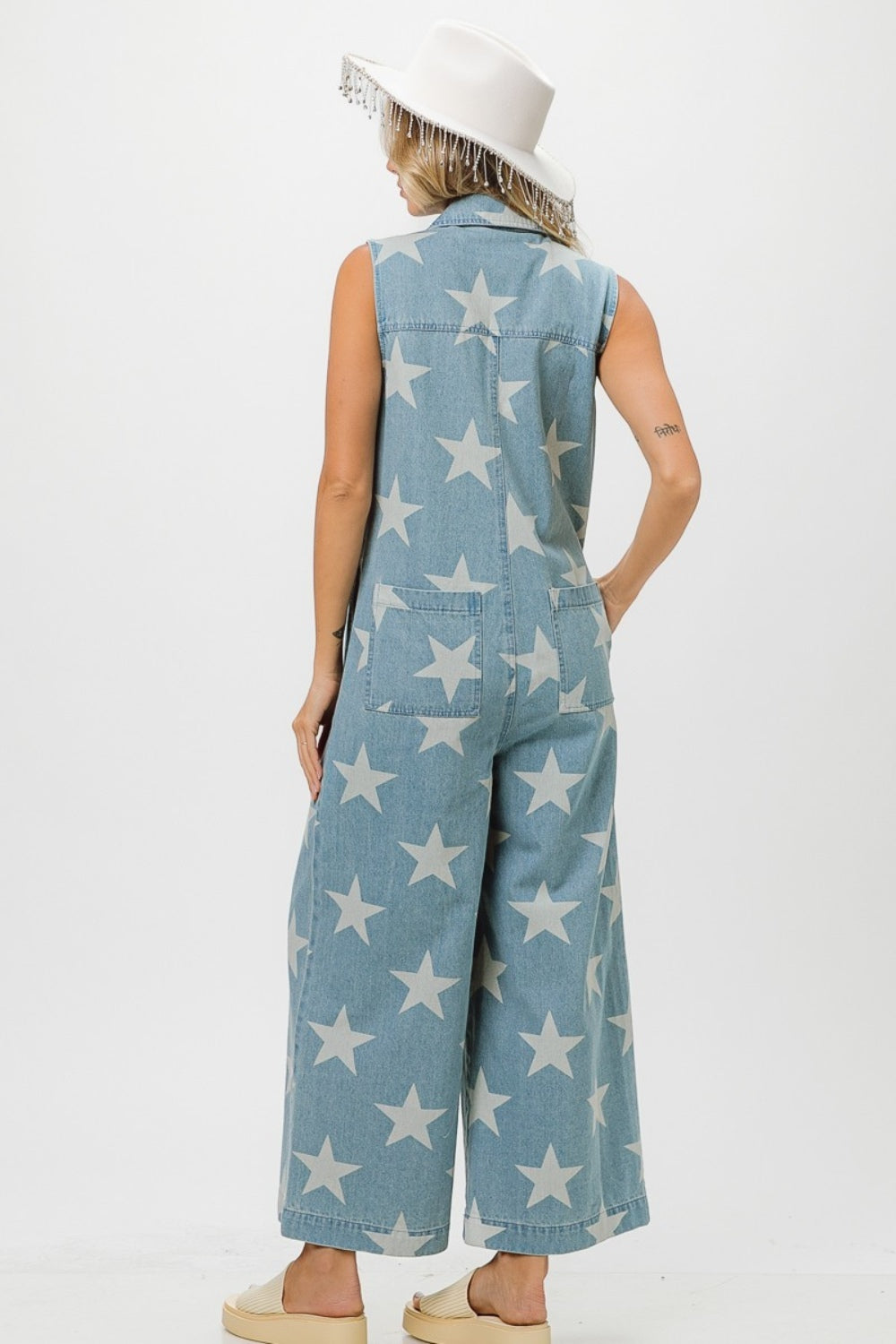 BiBi Star Print Half Zip Sleeveless Denim Jumpsuit-TOPS / DRESSES-[Adult]-[Female]-2022 Online Blue Zone Planet