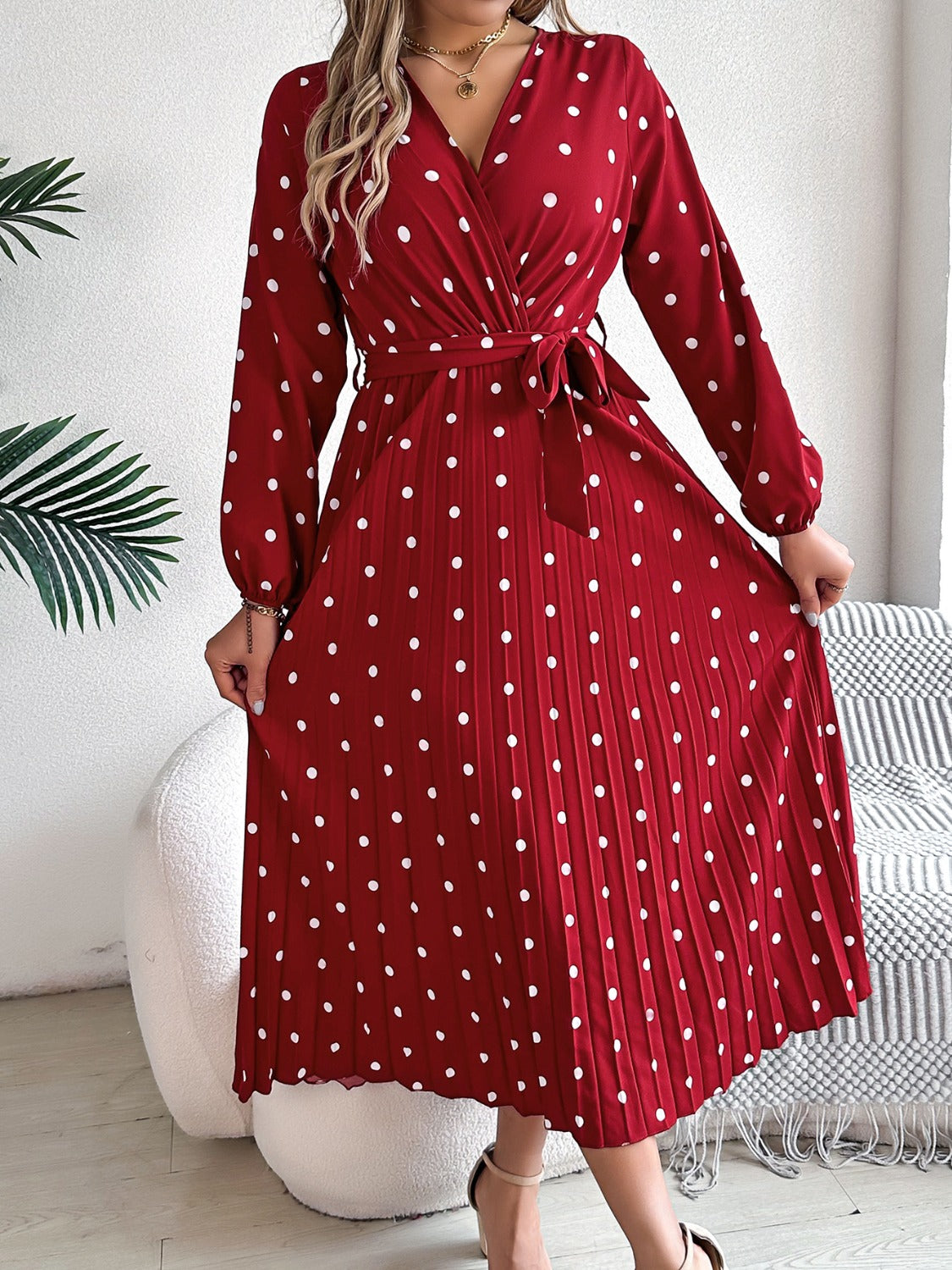 Blue Zone Planet | Tied Polka Dot Long Sleeve Midi Dress-TOPS / DRESSES-[Adult]-[Female]-2022 Online Blue Zone Planet