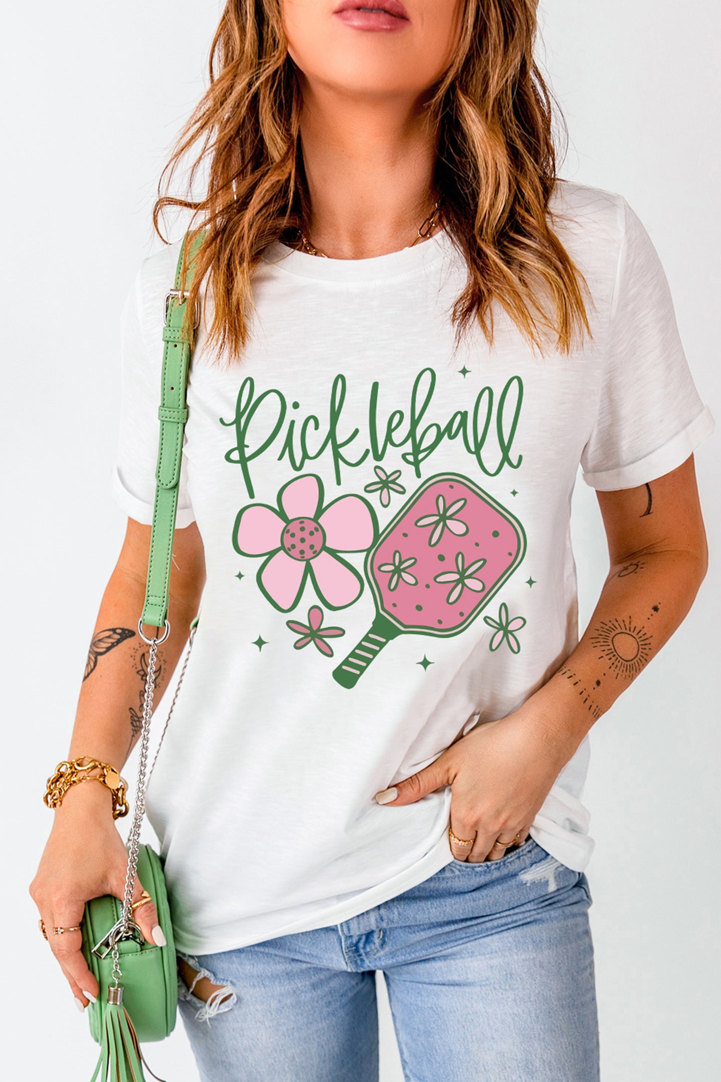 White Pickleball Sweet Flower Printed T Shirt-Graphic/Graphic Tees-[Adult]-[Female]-2022 Online Blue Zone Planet