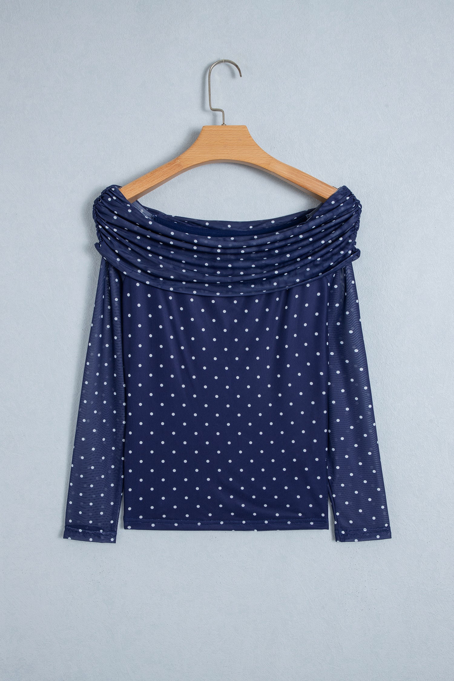 Blue Off Shoulder Polka Dot Mesh Long Sleeve Sheath Top-Tops/Long Sleeve Tops-[Adult]-[Female]-2022 Online Blue Zone Planet