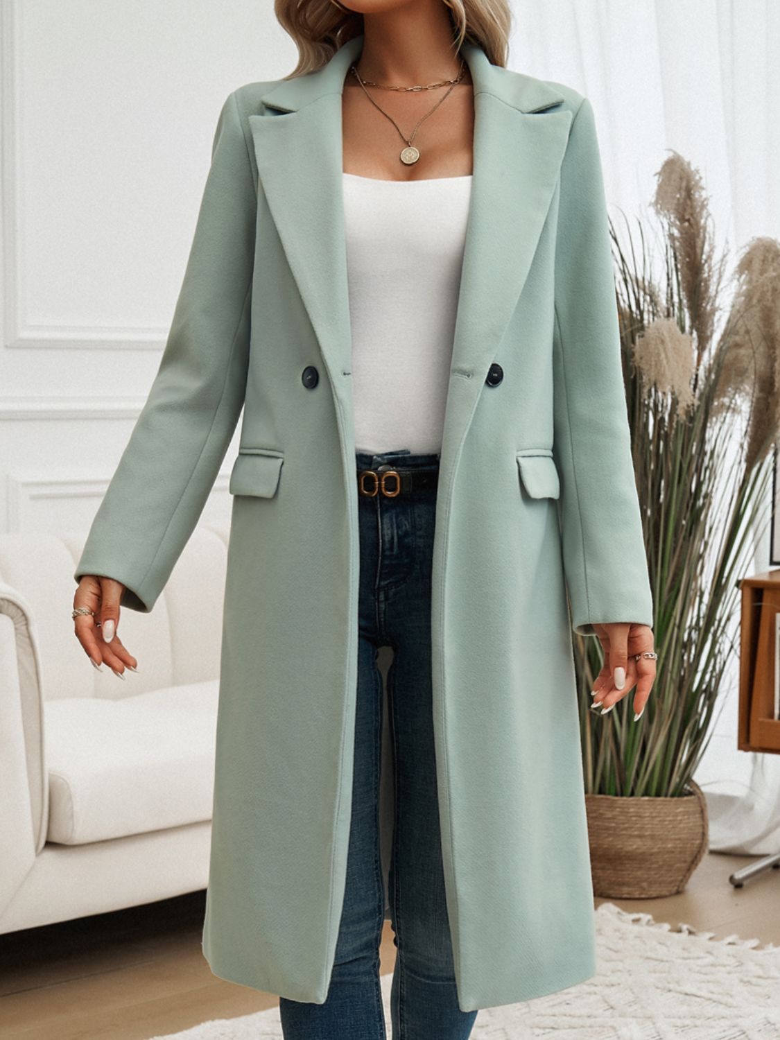 Pocketed Collared Neck Long Sleeve Coat-TOPS / DRESSES-[Adult]-[Female]-Sage-S-2022 Online Blue Zone Planet