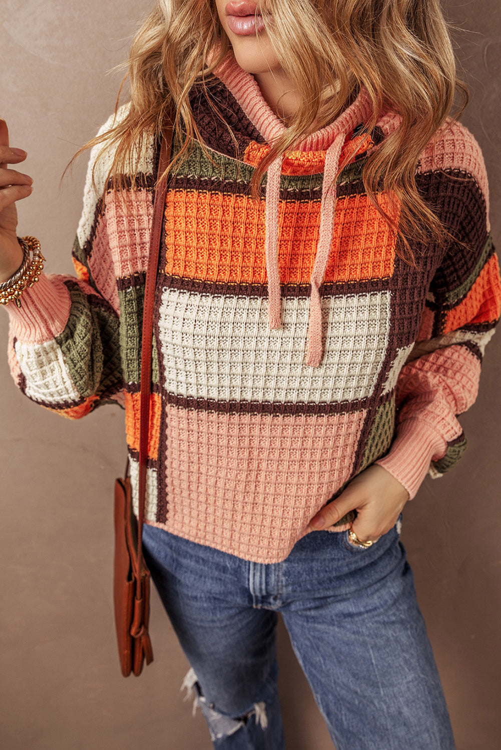 Orange Color Block Waffle Knit Drawstring Mock Neck Sweater-Sweaters & Cardigans/Sweaters-[Adult]-[Female]-Orange-S-2022 Online Blue Zone Planet