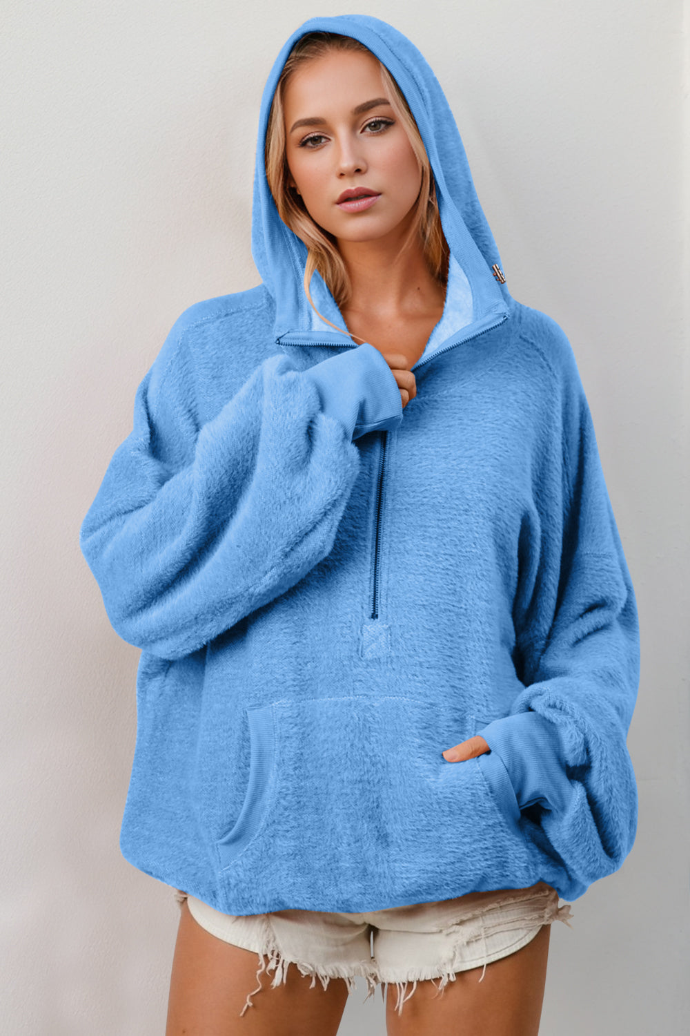 Double Take Half Zip Long Sleeve Hoodie with Kangaroo Pocket-TOPS / DRESSES-[Adult]-[Female]-Sky Blue-S-2022 Online Blue Zone Planet