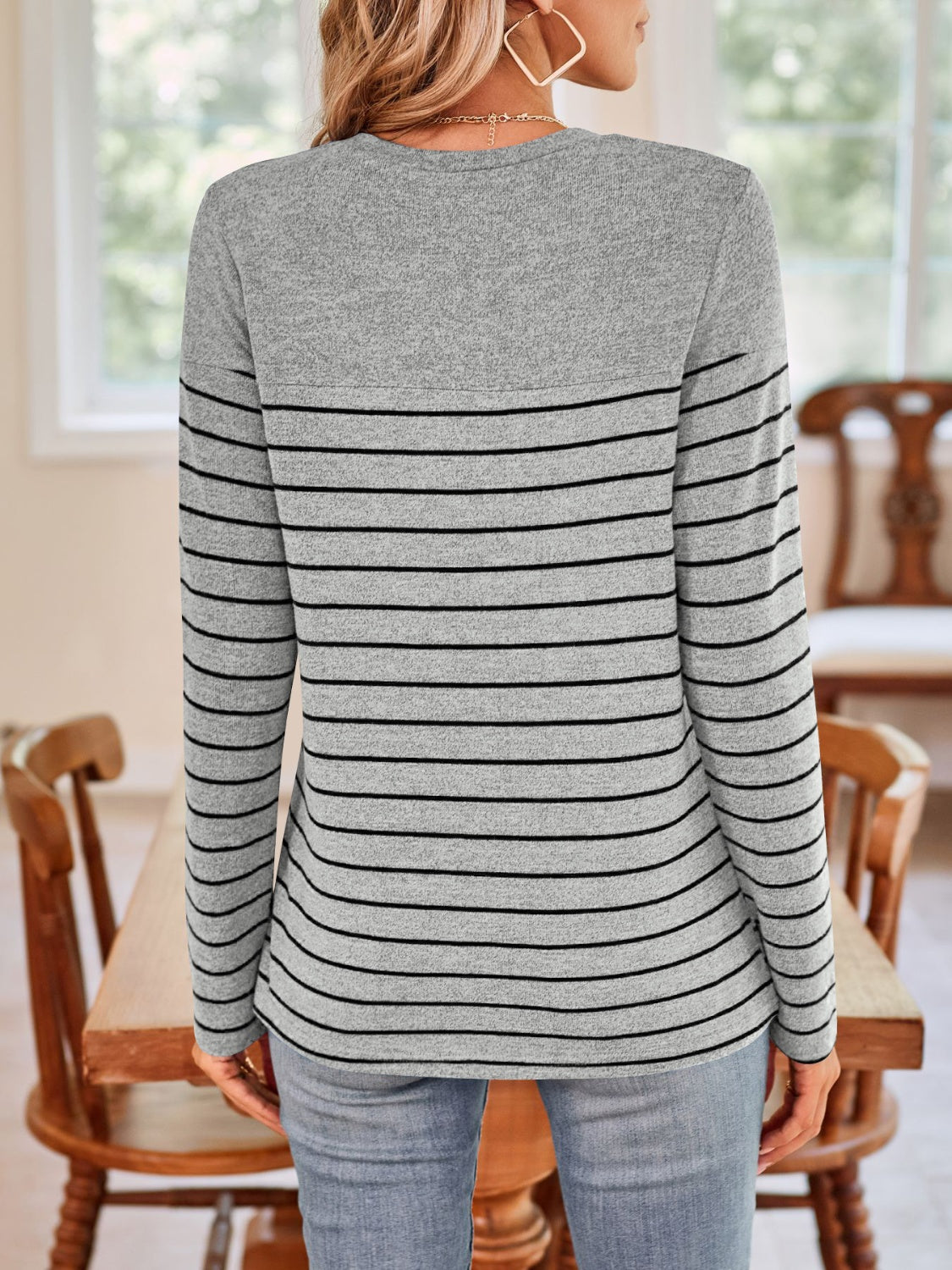 Blue Zone Planet | Lovelet Quarter Button Striped Round Neck Long Sleeve T-Shirt-TOPS / DRESSES-[Adult]-[Female]-2022 Online Blue Zone Planet