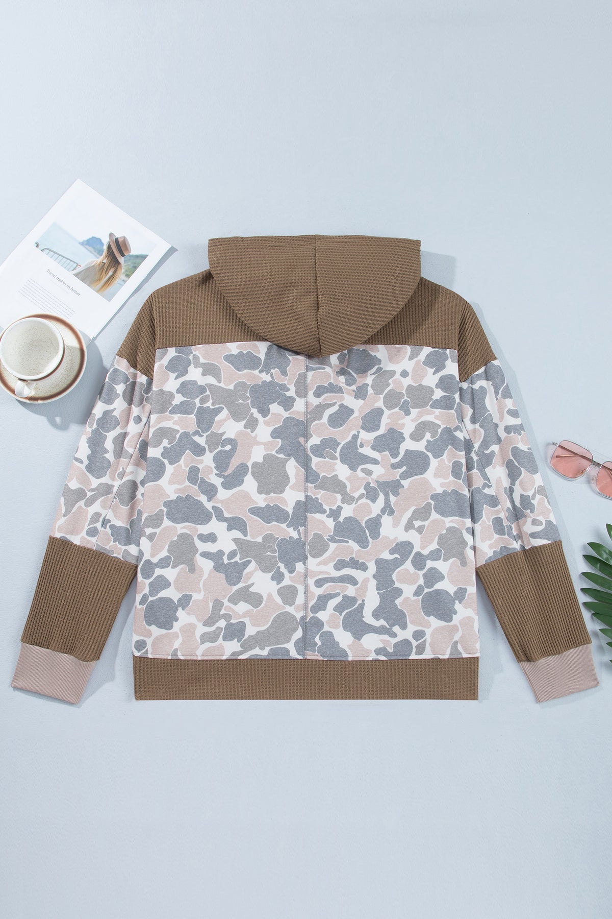 Khaki Camouflage Print Waffle Knit Patchwork Half Zip Plus Size Hoodie