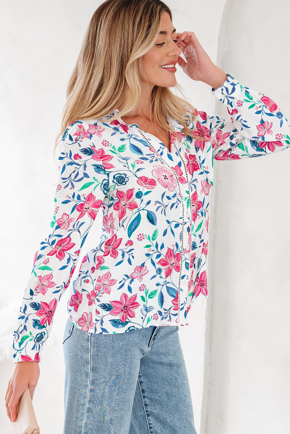 Pink Floral Print Lace Detail Button-Up Long Sleeve Shirt-Tops/Blouses & Shirts-[Adult]-[Female]-2022 Online Blue Zone Planet