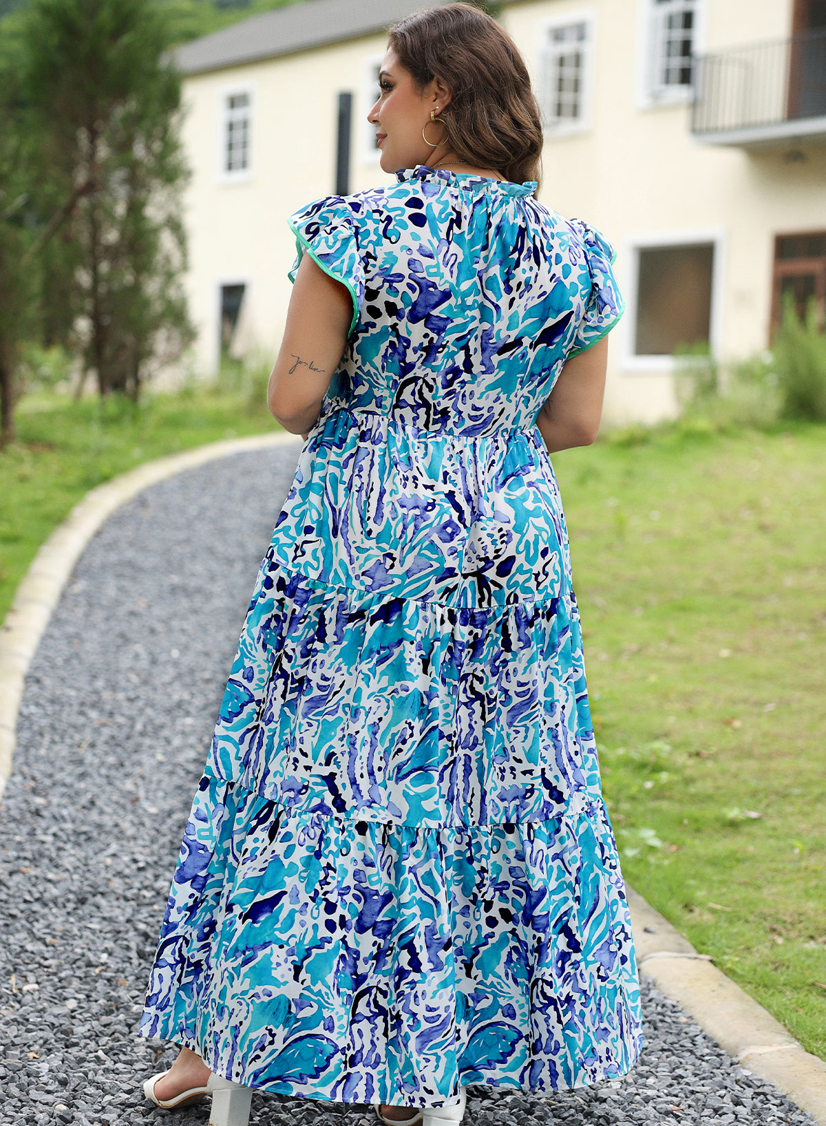 Sky Blue Plus Abstract Print Split Neck Ruffled Sleeve Tiered Long Dress-Plus Size/Plus Size Dresses/Plus Size Maxi Dresses-[Adult]-[Female]-2022 Online Blue Zone Planet