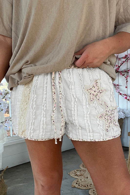 White Textured Lace Detail Floral Star Patch Drawstring Casual Shorts-Bottoms/Casual Shorts-[Adult]-[Female]-White-S-2022 Online Blue Zone Planet