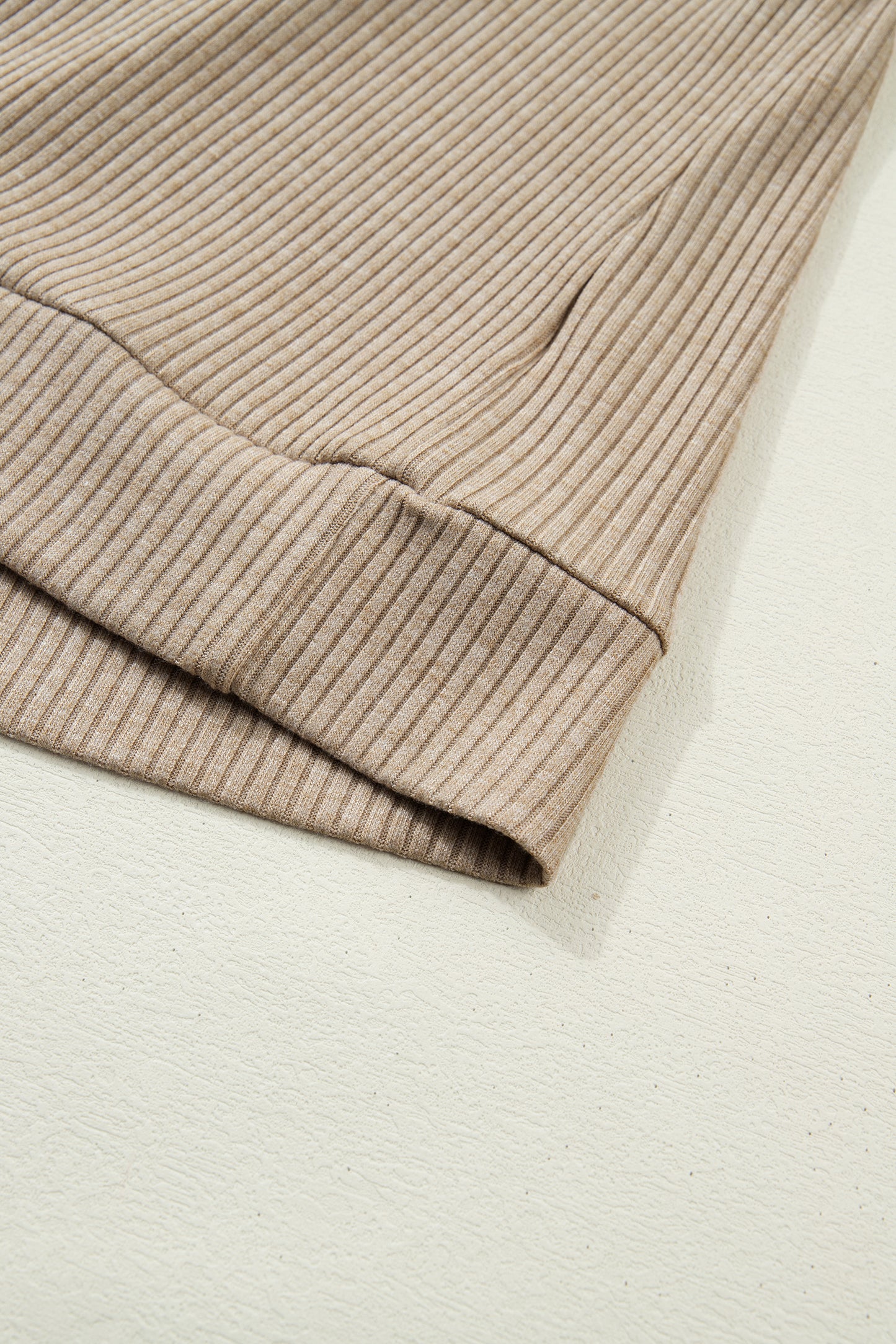 Beige Ribbed Knit Denim Patchwork Button Polo Collar Cuffed Long Sleeve Top-Tops/Long Sleeve Tops-[Adult]-[Female]-2022 Online Blue Zone Planet