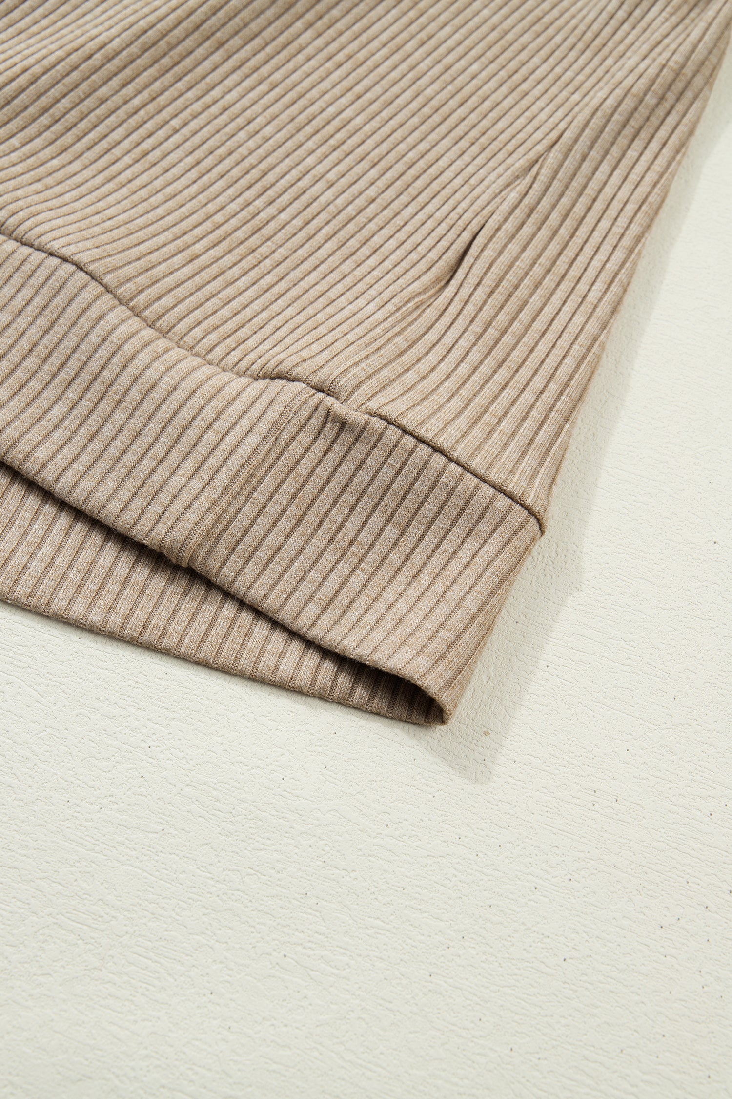 Beige Ribbed Knit Denim Patchwork Button Polo Collar Cuffed Long Sleeve Top-Tops/Long Sleeve Tops-[Adult]-[Female]-2022 Online Blue Zone Planet