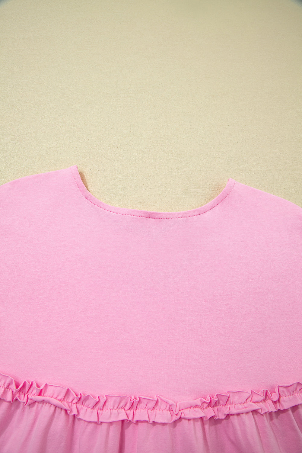 Pink Frilled Trim Crew Neck Loose Fit Mini Dress-TOPS / DRESSES-[Adult]-[Female]-2022 Online Blue Zone Planet