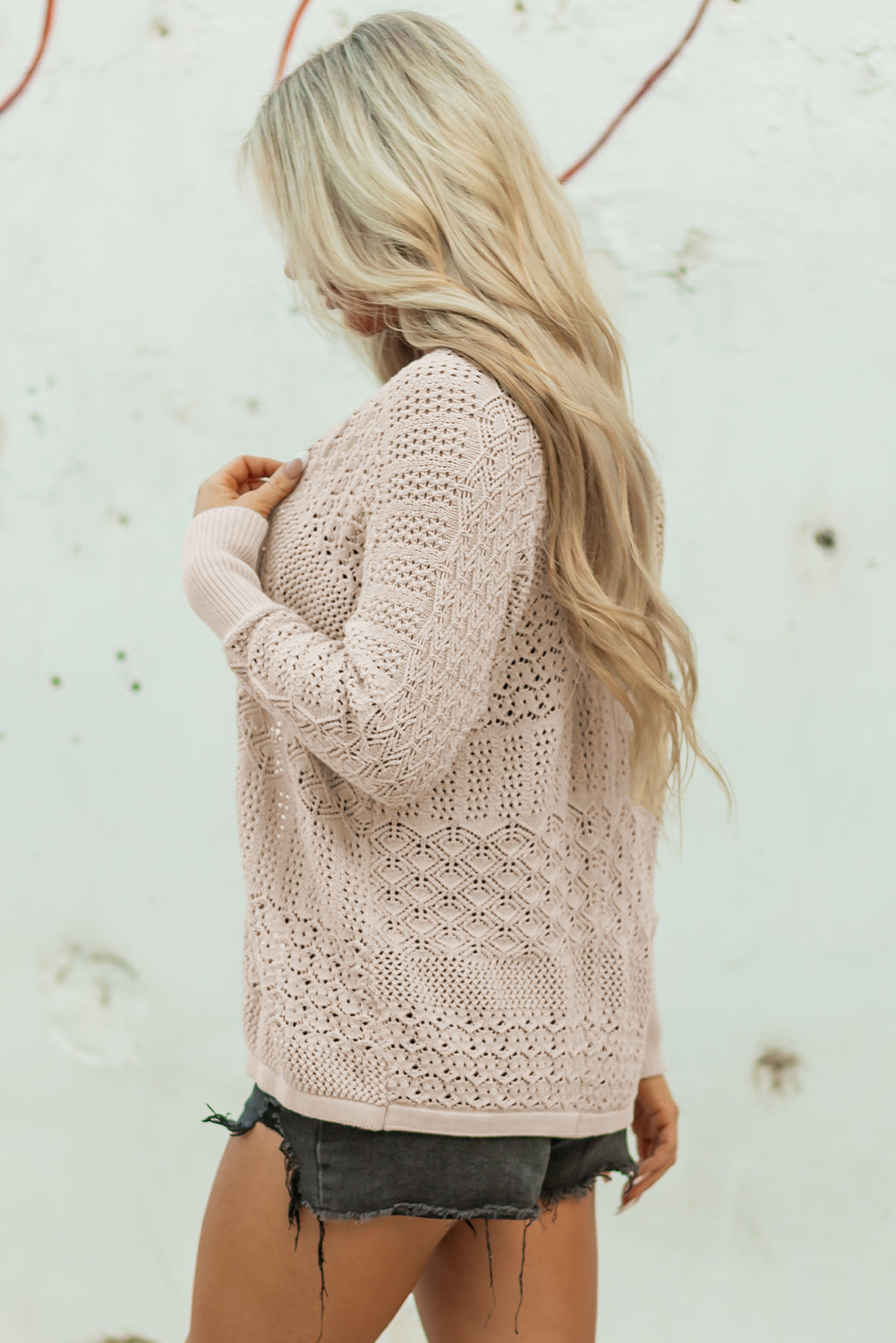 Lapis Mix Pattern Hollowed Knit Open Front Cardigan-TOPS / DRESSES-[Adult]-[Female]-2022 Online Blue Zone Planet