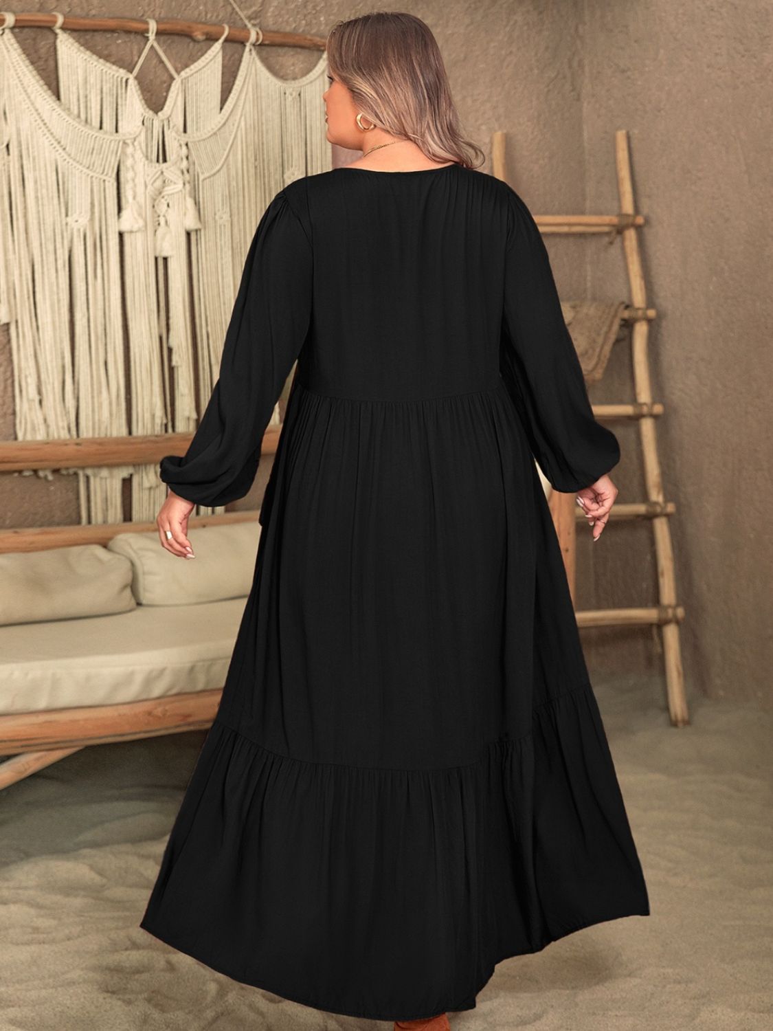 Blue Zone Planet | Plus Size Ruffled V-Neck Long Sleeve Dress-TOPS / DRESSES-[Adult]-[Female]-2022 Online Blue Zone Planet