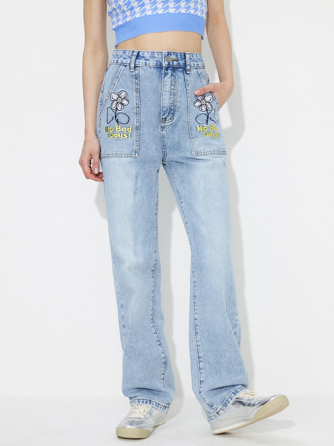 Flower High Rise Straight Leg Jeans with Pockets-BOTTOMS SIZES SMALL MEDIUM LARGE-[Adult]-[Female]-2022 Online Blue Zone Planet