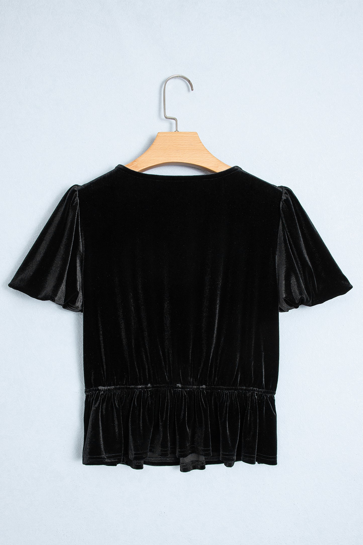 Black V Neck Bow Decoration Peplum Hem Shift Silhouette Short Sleeve Blouse