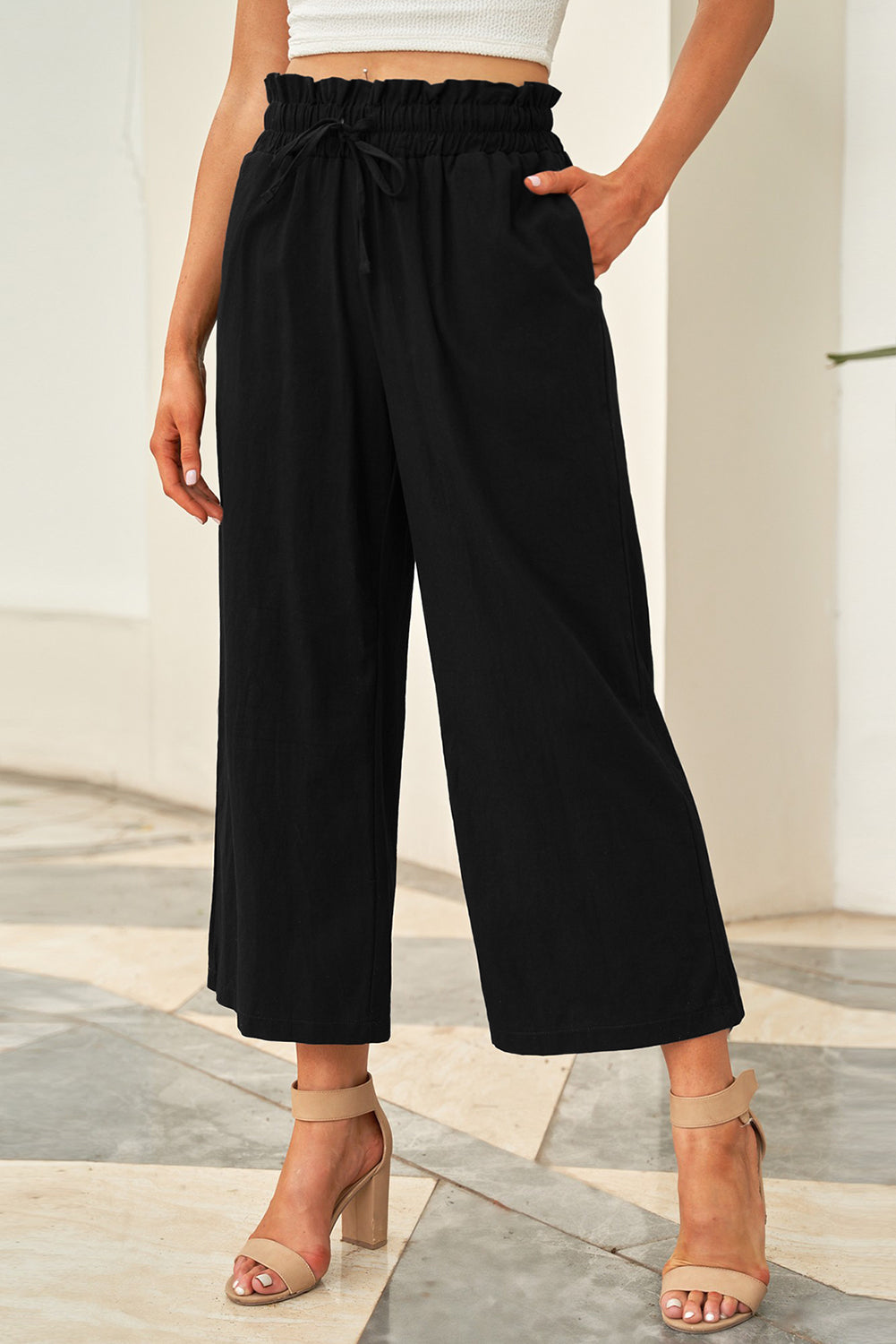 Black Paperbag Waist Straight Leg Cropped Pants-Bottoms/Pants & Culotte-[Adult]-[Female]-Black-S-2022 Online Blue Zone Planet