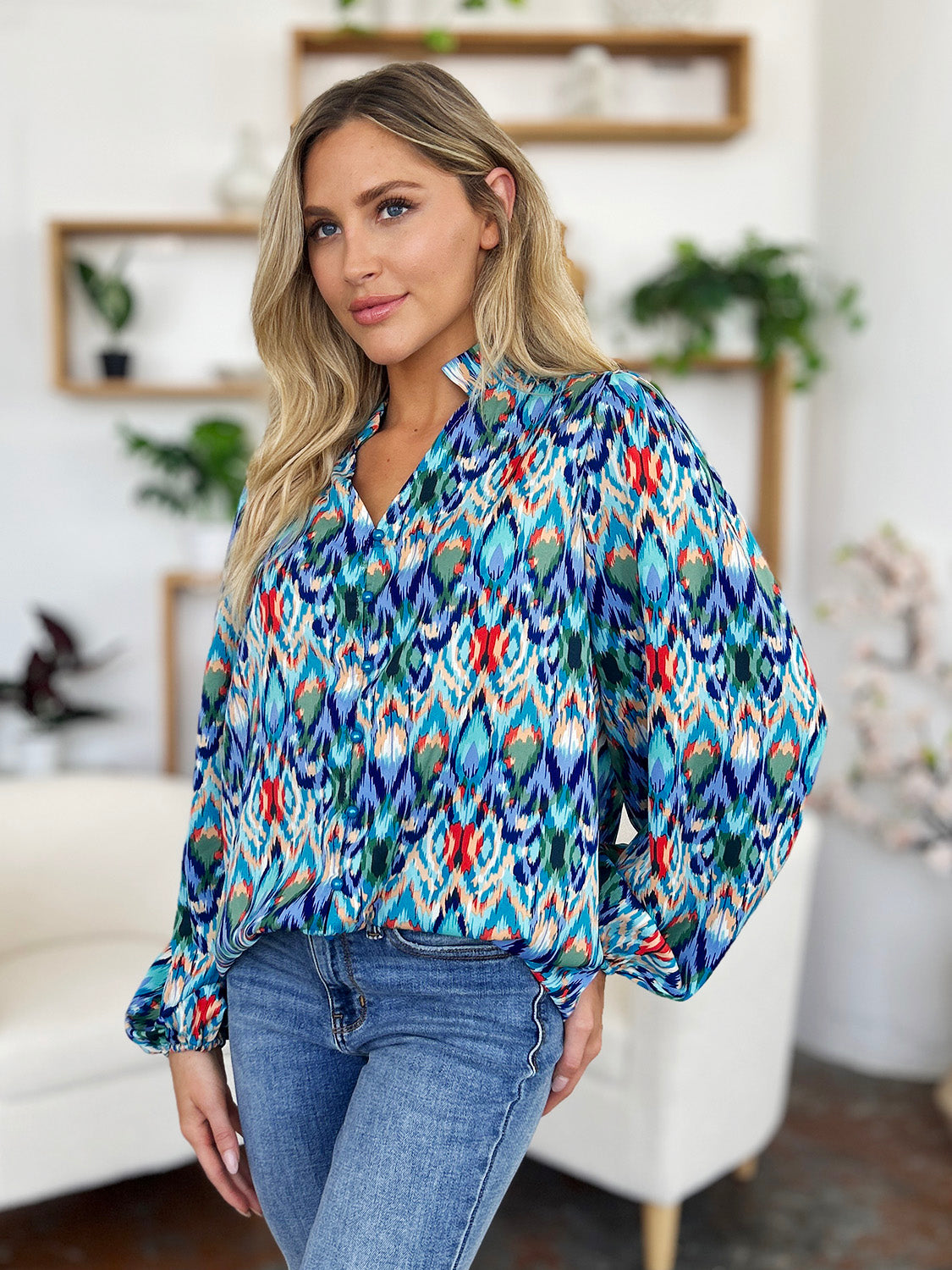 Blue Zone Planet | Double Take Full Size Printed Balloon Sleeve Blouse-TOPS / DRESSES-[Adult]-[Female]-2022 Online Blue Zone Planet