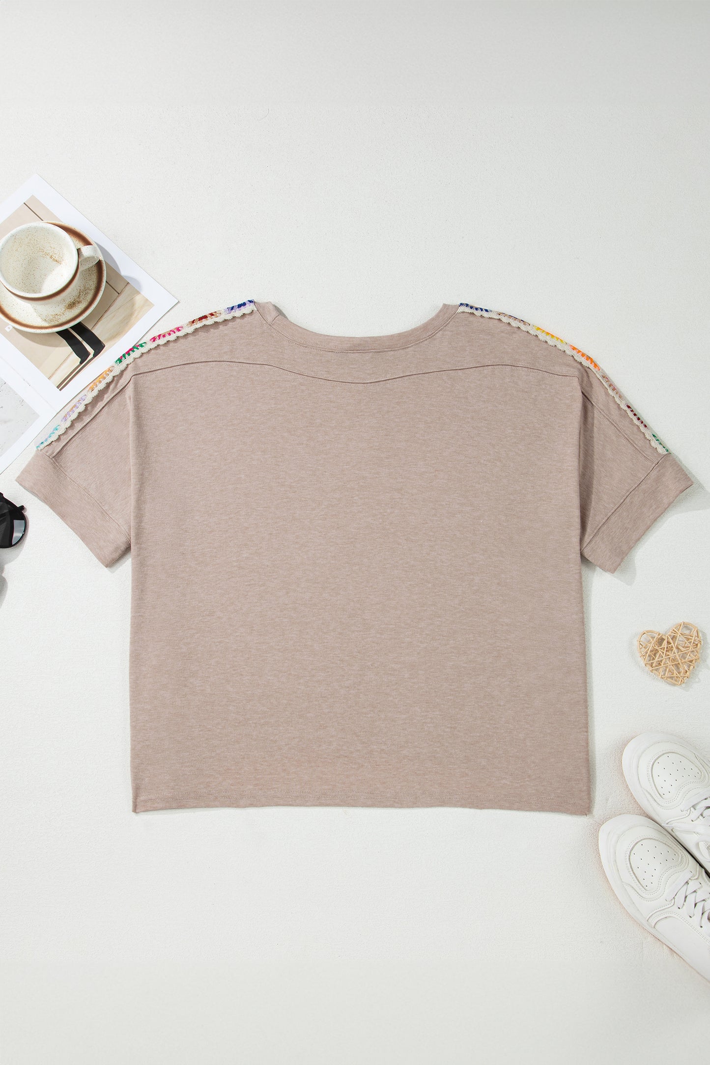 Parchment Granny Square Crochet Detail Loose T Shirt-Tops/Tops & Tees-[Adult]-[Female]-2022 Online Blue Zone Planet