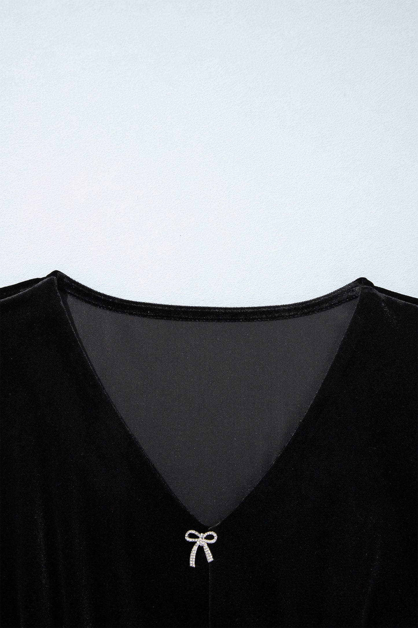 Black V Neck Bow Decoration Peplum Hem Shift Silhouette Short Sleeve Blouse