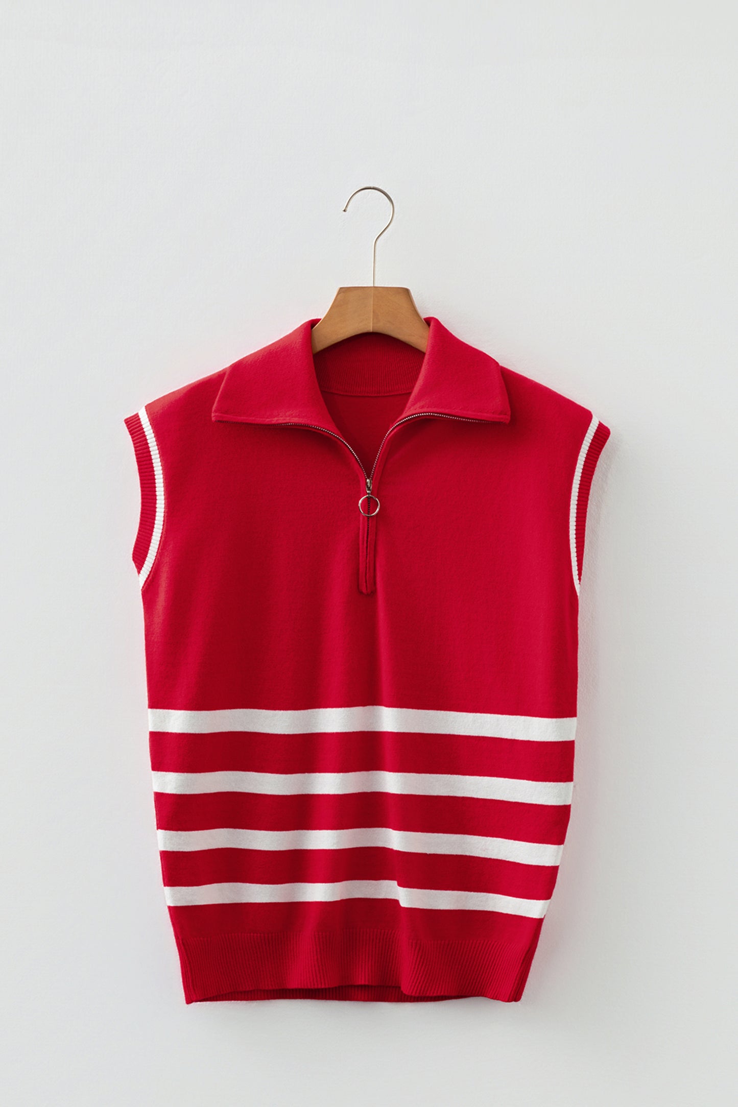 Fiery Red Quarter Zip Striped Detail Short Sleeve Sweater-Sweaters & Cardigans/Short Sleeve Sweaters-[Adult]-[Female]-2022 Online Blue Zone Planet