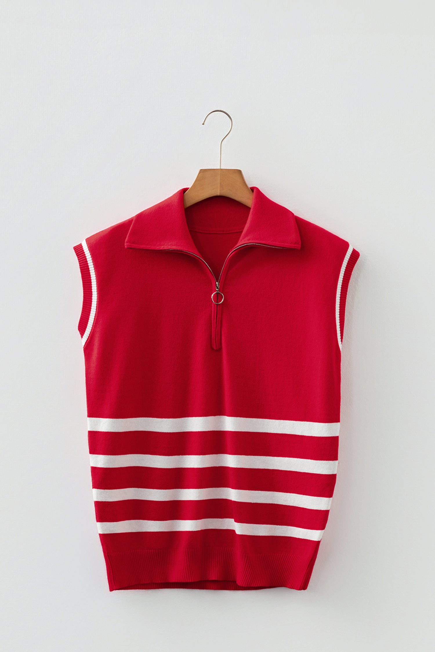 Fiery Red Quarter Zip Striped Detail Short Sleeve Sweater-Sweaters & Cardigans/Short Sleeve Sweaters-[Adult]-[Female]-2022 Online Blue Zone Planet