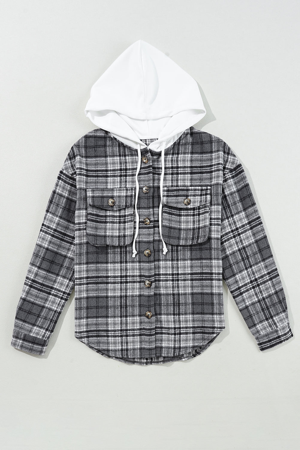 Black Plaid Print Flap Pockets Contrast Hooded Loose Shacket-Outerwear/Plaid Shackets-[Adult]-[Female]-2022 Online Blue Zone Planet