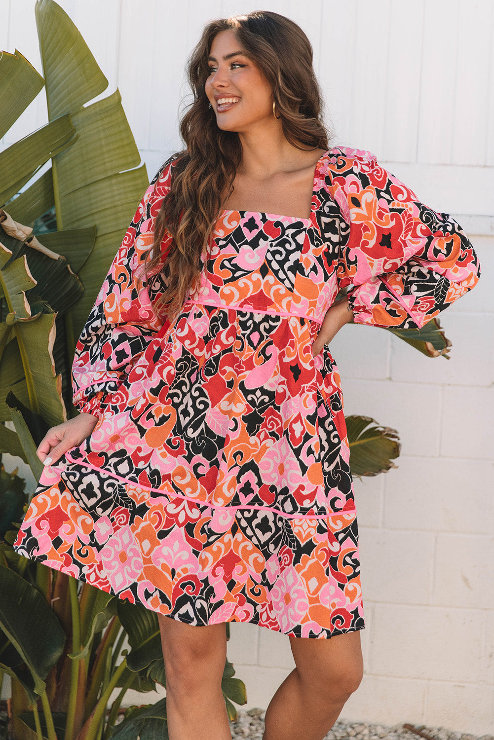 Blue Zone Planet | Pink Bohemian Square Neck Puff Sleeve Mini Dress-TOPS / DRESSES-[Adult]-[Female]-2022 Online Blue Zone Planet