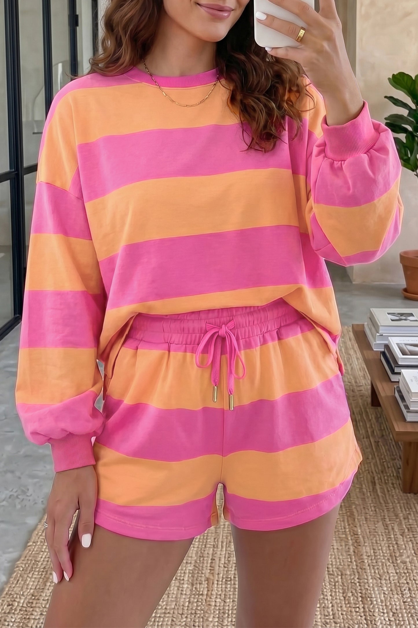 Pink Stripe Long Sleeve Casual Top Drawstring Shorts 2pcs Set-Two Piece Sets/Short Sets-[Adult]-[Female]-2022 Online Blue Zone Planet