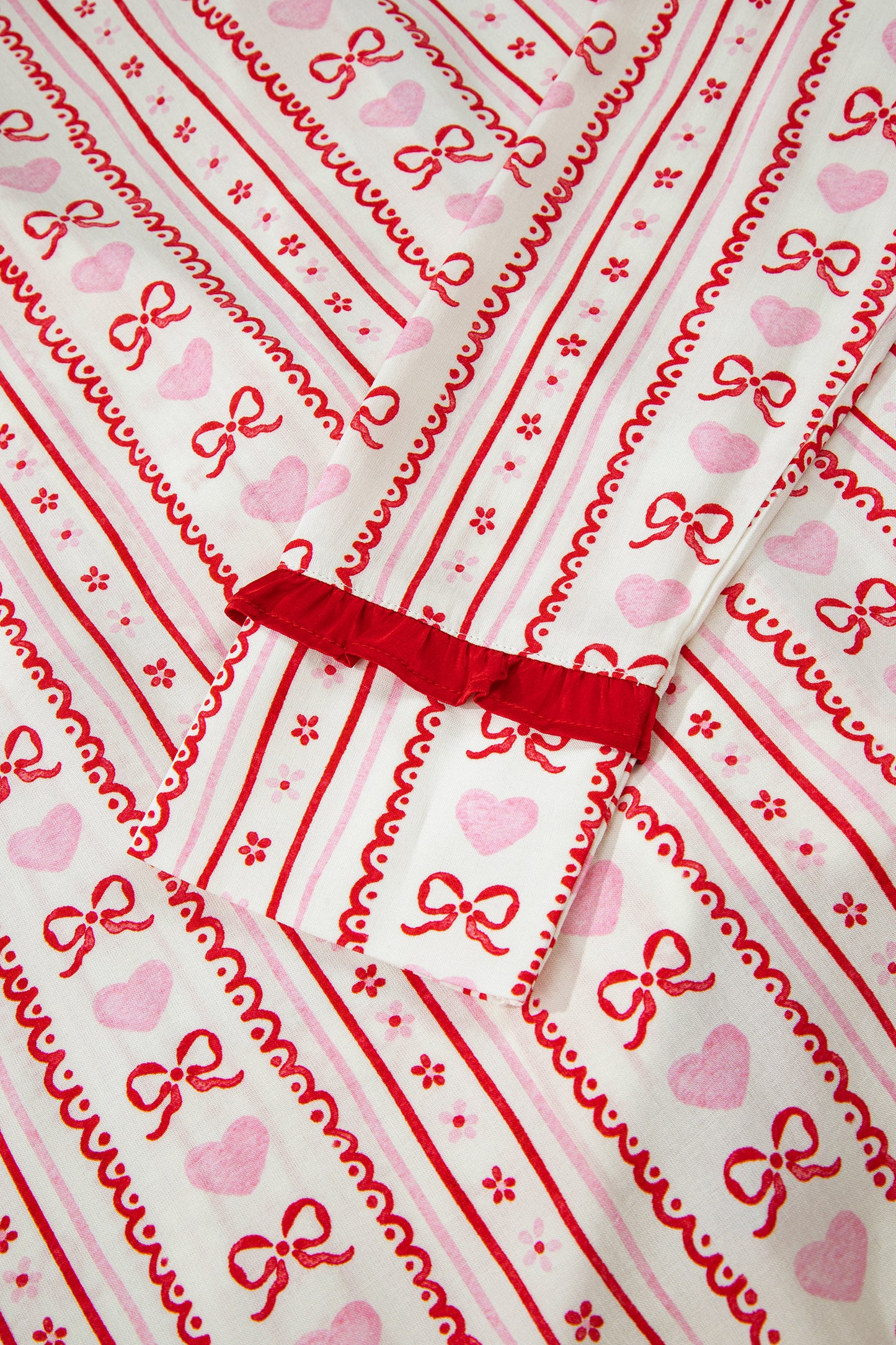 Red Sweet Floral Heart Bow Print Contrast Trim Long Sleeve Shirt Pajama Short Set-Loungewear & Sleepwear/Sleepwear-[Adult]-[Female]-2022 Online Blue Zone Planet