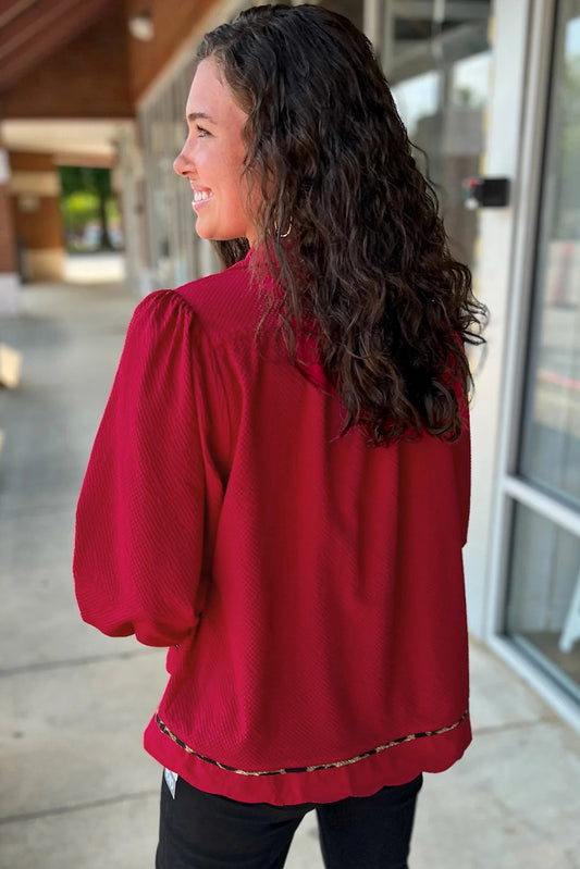 Fiery Red Collar V Neck Leopard Contrasted Trim Textured Blouse-Tops/Blouses & Shirts-[Adult]-[Female]-2022 Online Blue Zone Planet
