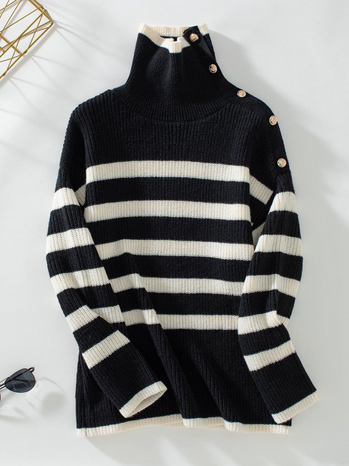 Buttoned Striped Long Sleeve Sweater-TOPS / DRESSES-[Adult]-[Female]-Black-S-2022 Online Blue Zone Planet